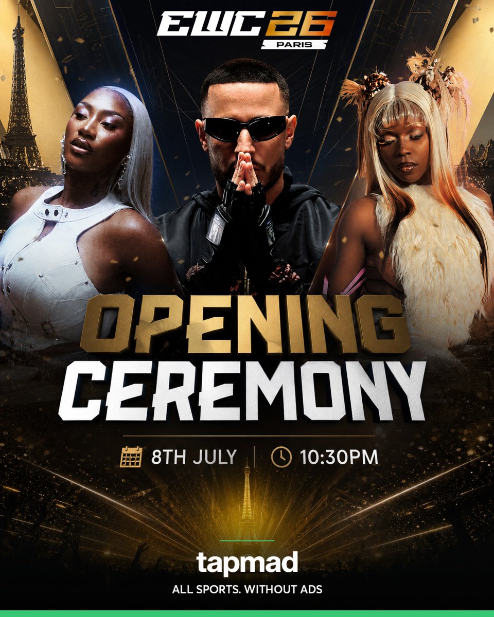 tapmadtv's tweet photo. Paris is about to glow gold as the biggest esports spectacle of the year kicks off๐ฅLights, music, star powerโจThis is how legends begin. Are you ready for this?๐
Watch the opening ceremony live in HD and without ads only on tapmad
#EWC | #AllSportsWithoutAds | #tapmad | EWC26 https://t.co/uLfjKjotBy