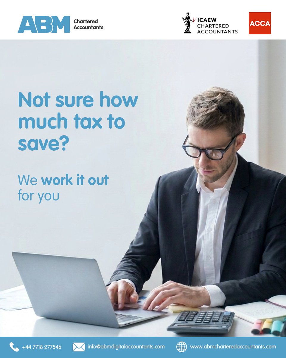 abmacountants's tweet photo. Not sure how much #tax to save? 🤔

We’ll help you calculate it, plan ahead, and avoid surprises when #HMRC deadlines arrive.

Take the guesswork out of #TaxPlanning with expert advice from #ABM.
🔗 https://t.co/JXb30kaO80

#London #SelfAssessment #Accountants #UKTax #UK https://t.co/3HpndaAR13