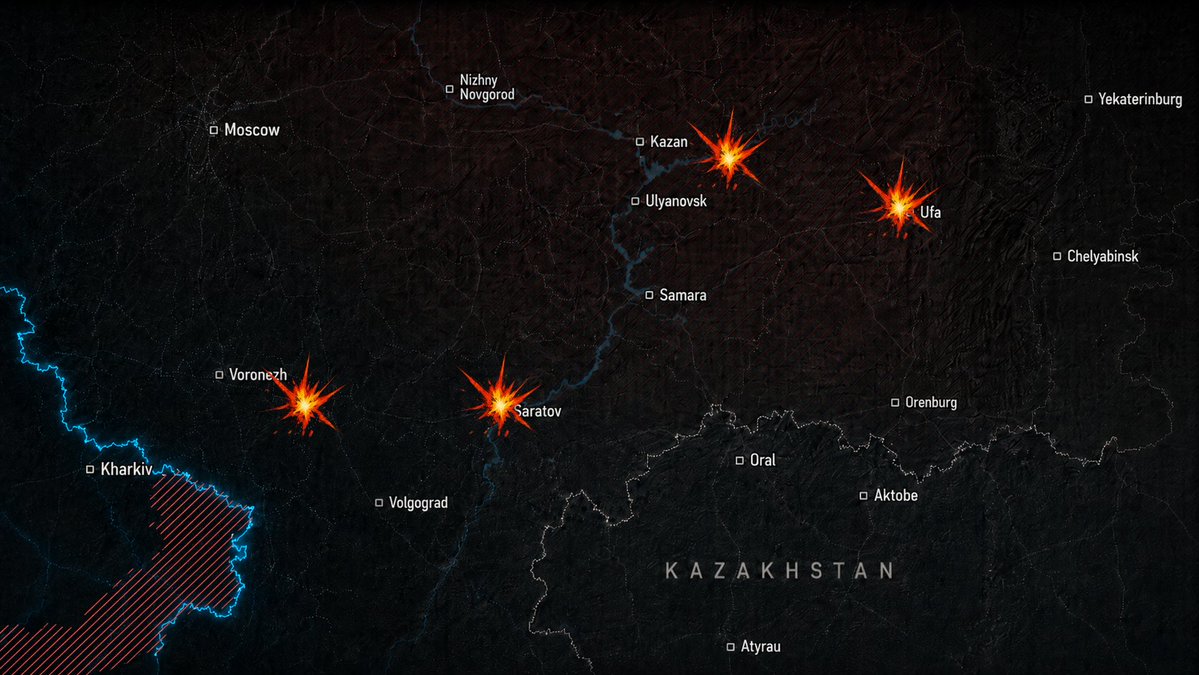 PulseOfUkraine's tweet photo. Непогано так сьогодні Сили оборони пройшлися ударами по росії.

Під ударом опинилися 
- Саратовський нафтопереробний завод
- Нижньокамський нафтопереробний завод (ТАИФ-НК)
- лінійна виробничо-диспетчерська станція (ЛПДС) «Черкаси» в Уфі 
- резервуари з паливом на військовому аеродромі в Борисоглебську

Три удари по нафтовій інфраструктурі і ще один по військовому об’єкту за одну ніч. Непогано.