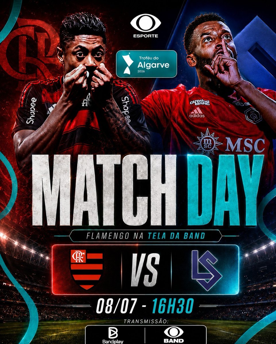 esportenaband's tweet photo. TEM MAIS MENGÃO NESTA QUARTA! 🫵🔴⚫ O Flamengo enfrenta o Lausanne-Sport (Suíça) pelo Troféu do Algarve nesta quarta-feira (8), e você acompanha todas as emoções da partida na tela da @bandtv e do @bandplay! #EsporteNaBand https://t.co/gIlZzVr6oY