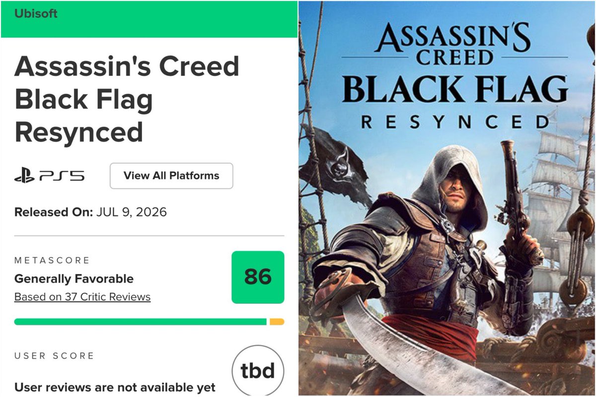 The Metacritic score for Assassin's Creed Black Flag Resynced is 86
