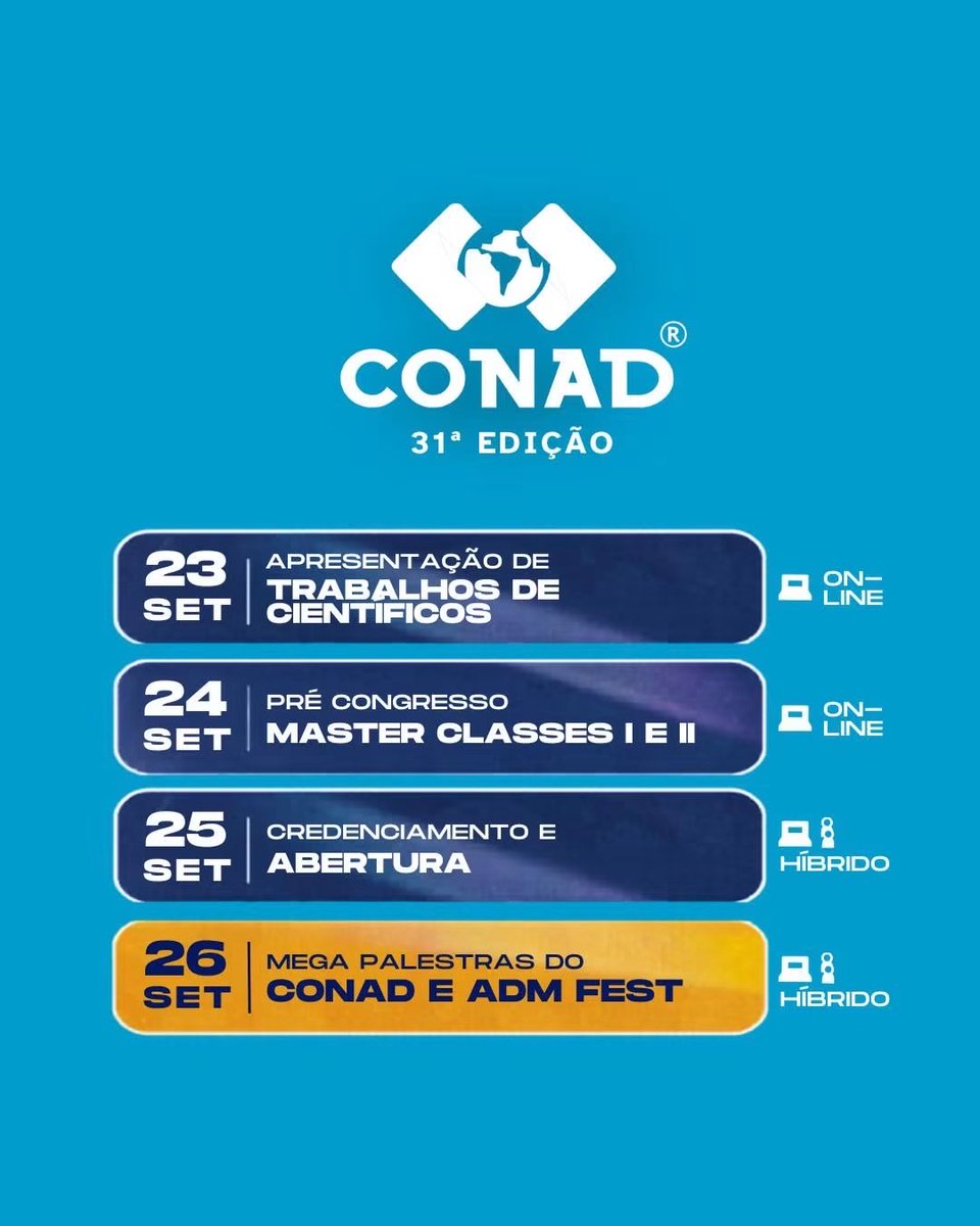 SamuelAlbernaz's tweet photo. A Master Class II completa o pré-congresso do CONAD 31ª Edição com uma tarde de conteúdos sobre comunicação, liderança, inovação e inteligência artificial.

💻 100% on-line, você acompanha de onde estiver

📅 24 de setembro
🎓 Pré-congresso do CONAD 2026

Garanta sua inscrição https://t.co/bNn0d0NKwc