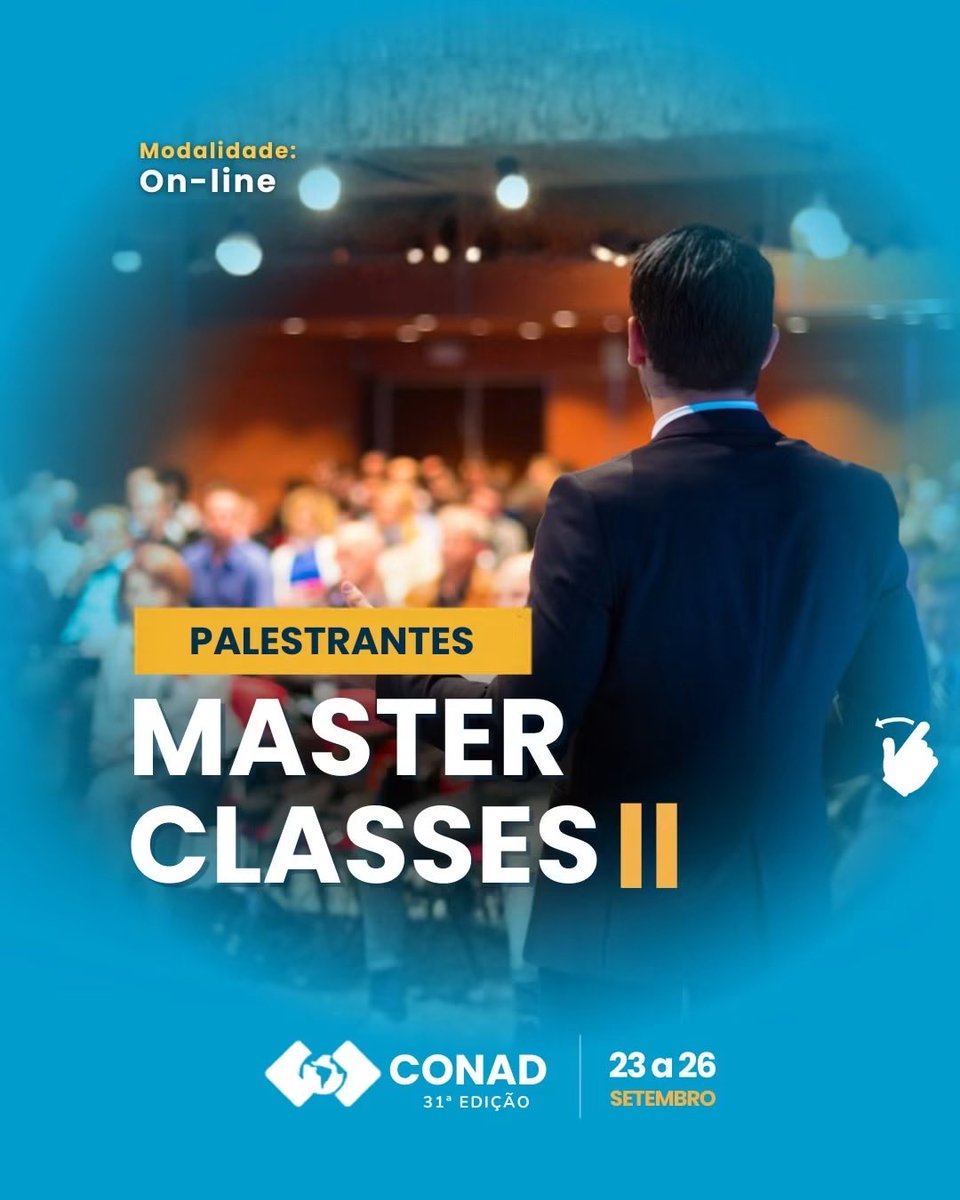 SamuelAlbernaz's tweet photo. A Master Class II completa o pré-congresso do CONAD 31ª Edição com uma tarde de conteúdos sobre comunicação, liderança, inovação e inteligência artificial.

💻 100% on-line, você acompanha de onde estiver

📅 24 de setembro
🎓 Pré-congresso do CONAD 2026

Garanta sua inscrição https://t.co/bNn0d0NKwc