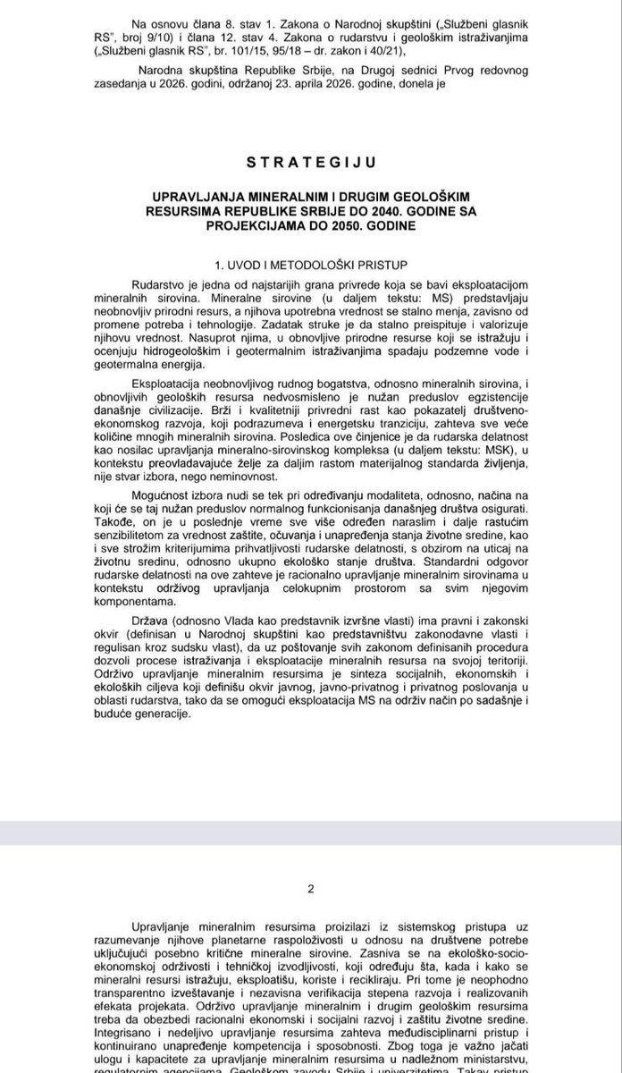 Milorad71's tweet photo. Србија је 23. априла усвојила Стратегију управљања минералним ресурсима до 2050. године.

Преведено на обичан језик:
 Планирана нова копања, нова истраживања и отварање рудника за литијум, бакар, злато и друге руде.
То нам представљају као економски развој. https://t.co/t8eMHG3jb0