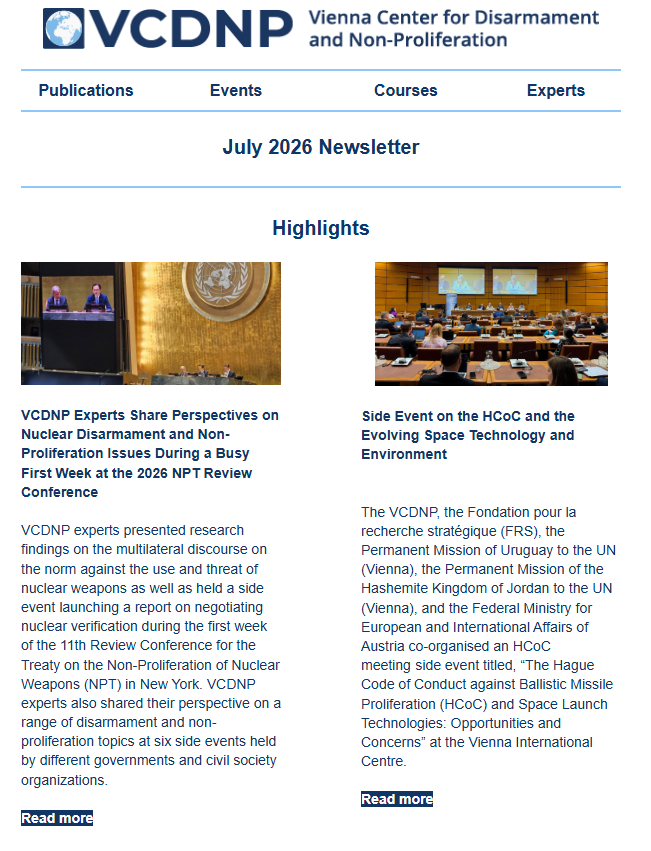 VCDNP's tweet photo. 📨 Our July 2026 #Newsletter is now available!

Over the past quarter, the VCDNP has continued to advance dialogue and capacity-building on key disarmament and non-proliferation issues. This edition features highlights from our activities and side events during the #NPTRevCon, a side event at the #HCoC meeting, and a seminar with Ms. Setsuko Thurlow, Hiroshima atomic bombing survivor and distinguished advocate for nuclear disarmament. 🌍⚛️

The newsletter also includes updates on our latest publications, workshops, and other activities.

Not yet receiving our newsletter? Subscribe today to stay informed about the latest developments and events at the VCDNP. 👉https://t.co/ezQKBCHpXU