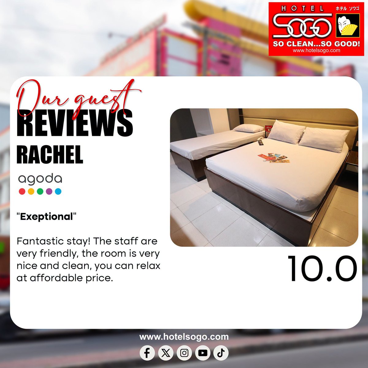 HotelSogo's tweet photo. Thank you, Ms. Rachel, for your exceptional 10/10 Agoda review! 

Visit Hotel Sogo- Cainta Branch and experience the same exceptional service, clean and cozy rooms, and great value for yourself. We look forward to welcoming you soon!

#HotelSogo #SoCleanSoGood #HotelSogoCainta https://t.co/wWR5d0Seip