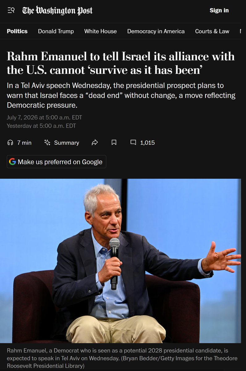infolibnews's tweet photo. Rahm Emanuel operated as an Israeli lobbyist when he was part of Pres. Obama's cabinet—there's zero reason to believe this "pivot" is anything but a grift.

The Trump administration has already put forward the same mild criticisms of Israel's policies in the West Bank and the same mild opposition to Israel annexing the West Bank.

This is nothing more than a rearguard action to preserve the status quo.