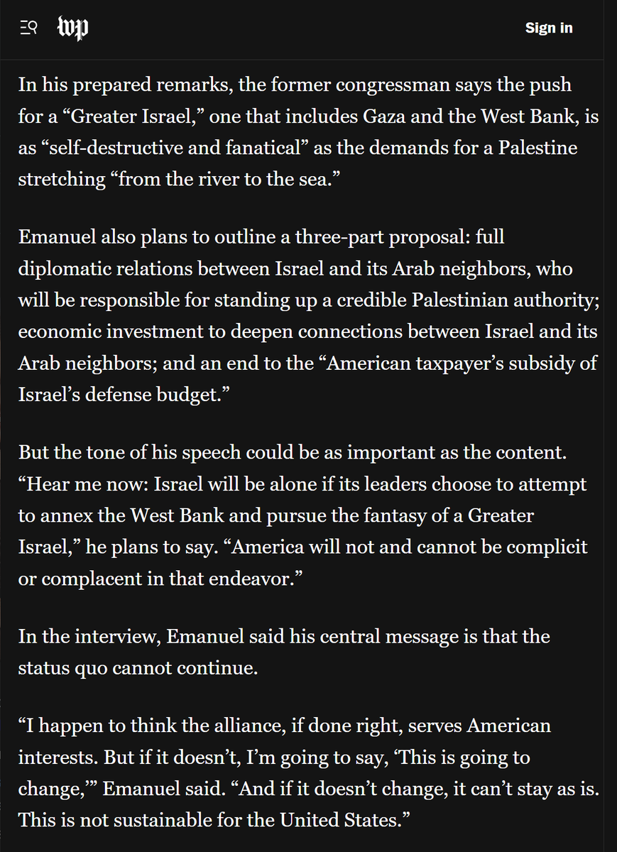 infolibnews's tweet photo. Rahm Emanuel operated as an Israeli lobbyist when he was part of Pres. Obama's cabinet—there's zero reason to believe this "pivot" is anything but a grift.

The Trump administration has already put forward the same mild criticisms of Israel's policies in the West Bank and the same mild opposition to Israel annexing the West Bank.

This is nothing more than a rearguard action to preserve the status quo.