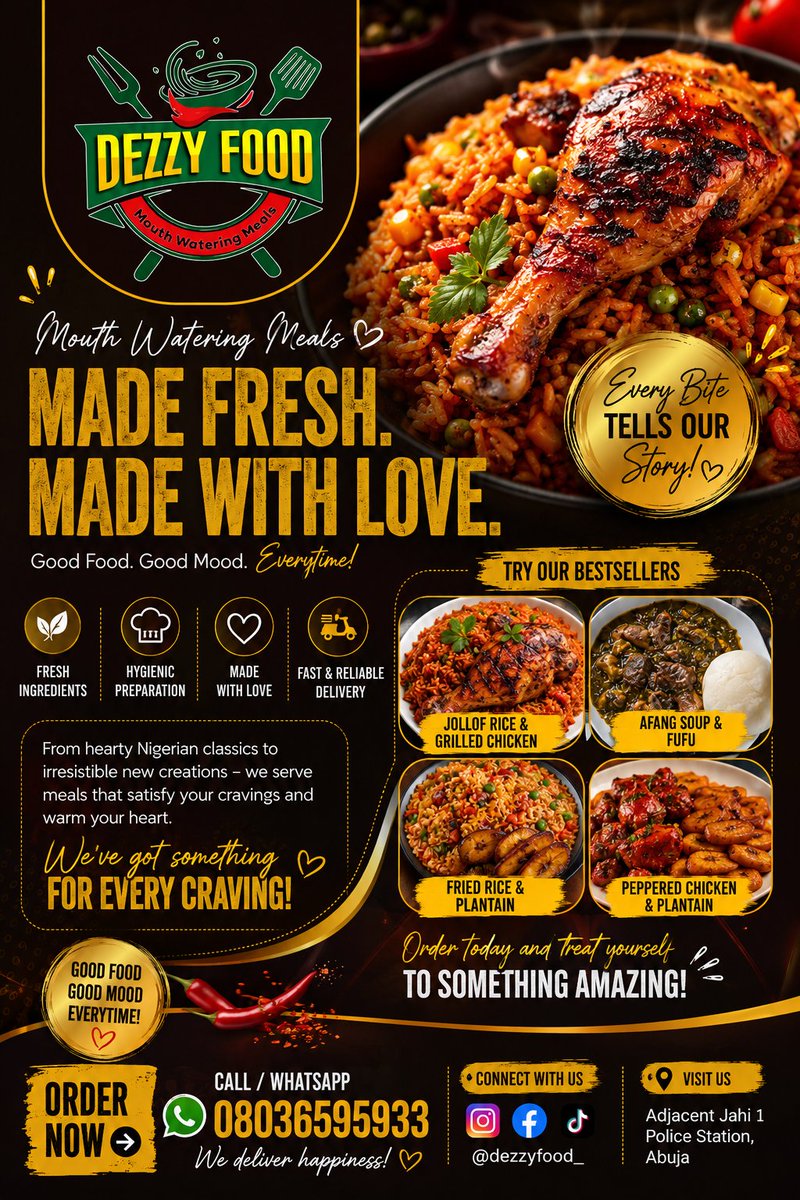 DezzyFood's tweet photo. Why choose us? 
✅ Freshly prepared meals 
✅ Hygienic cooking 
✅ Fast &amp; reliable delivery
 ✅ Affordable prices
 ✅ Unforgettable taste
 is it breakfast,lunch,dinner,or catering for your special events, DezzyFood is your trusted.

📍 Jahi 1 Police Station,Abuja
📞 08036595933 https://t.co/dNo2sZLuJT