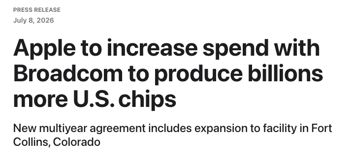 wallstengine's tweet photo. Apple announced a multiyear Broadcom $AVGO deal worth over $30B to design and produce custom silicon and wireless tech for Apple products. The agreement covers 15B+ U.S.-made chips, with Broadcom investing $1.5B to expand its Fort Collins, Colorado facility. https://t.co/6IAePQtVLu
