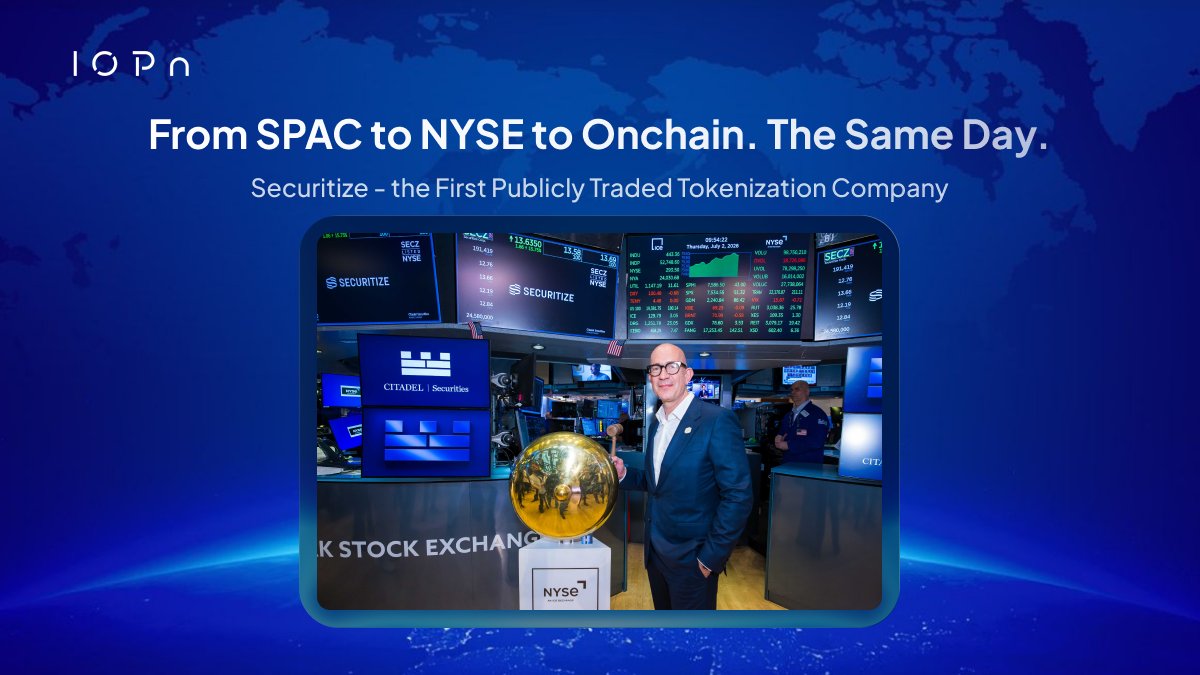 IOPn_newsroom's tweet photo. UPDATE: @Securitize becomes the first publicly traded tokenization company. 

Here's how that journey looks ⬇️

→ $400M raised via SPAC merger with Cantor Equity Partners II
→ $SECZ listed on the NYSE on July 2, up ~10% on day one
→ Tokenized its own stock on Solana + Avalanche from day one, with $295M in tokenized shares
→ First company ever to tokenize its own equity at listing

Today, SECZ at $9.06. The market dragged it down; however, the milestone stands.

Tokenization infrastructure is now a public asset class. The next layer, identity and verification at the protocol level, is what makes it institutional-grade.