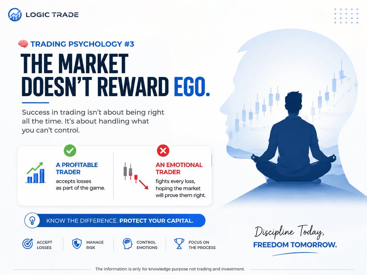 Logictradeswing's tweet photo. 🚨 Most traders don't lose because they're wrong.

They lose because they refuse to accept they're wrong.

🧠 Trading Psychology #3

A profitable trader accepts losses as part of the game.

An emotional trader fights every loss, hoping the market will prove them right.

The difference isn't strategy.

It's mindset.

💬 Question: What's been your biggest trading psychology challenge—accepting losses or controlling emotions?

🔁 Repost if you believe psychology matters more than indicators.

#TradingPsychology #Trading #StockMarket #Nifty #BankNifty #RiskManagement #Discipline #TraderMindset #Investing #LogicTrade
