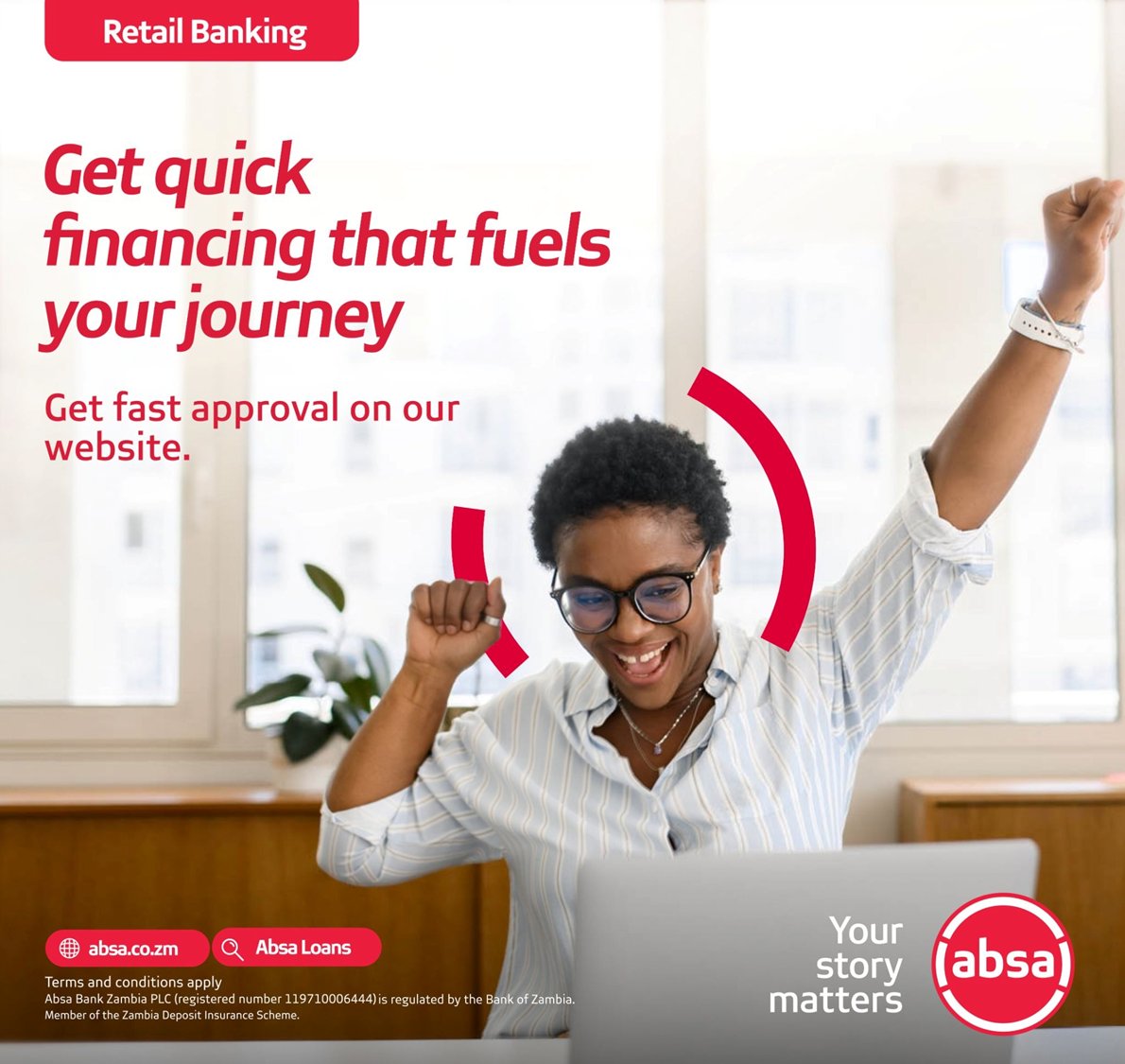 AbsaZambia's tweet photo. We understand your need to have access to finances when you need them. That’s why we are offering an easy loan application process on our website, making your life easier and seamless.

Visit https://t.co/SDExgI5zVt and follow the steps.

Your story matters. Absa. https://t.co/3vNrll7K3U