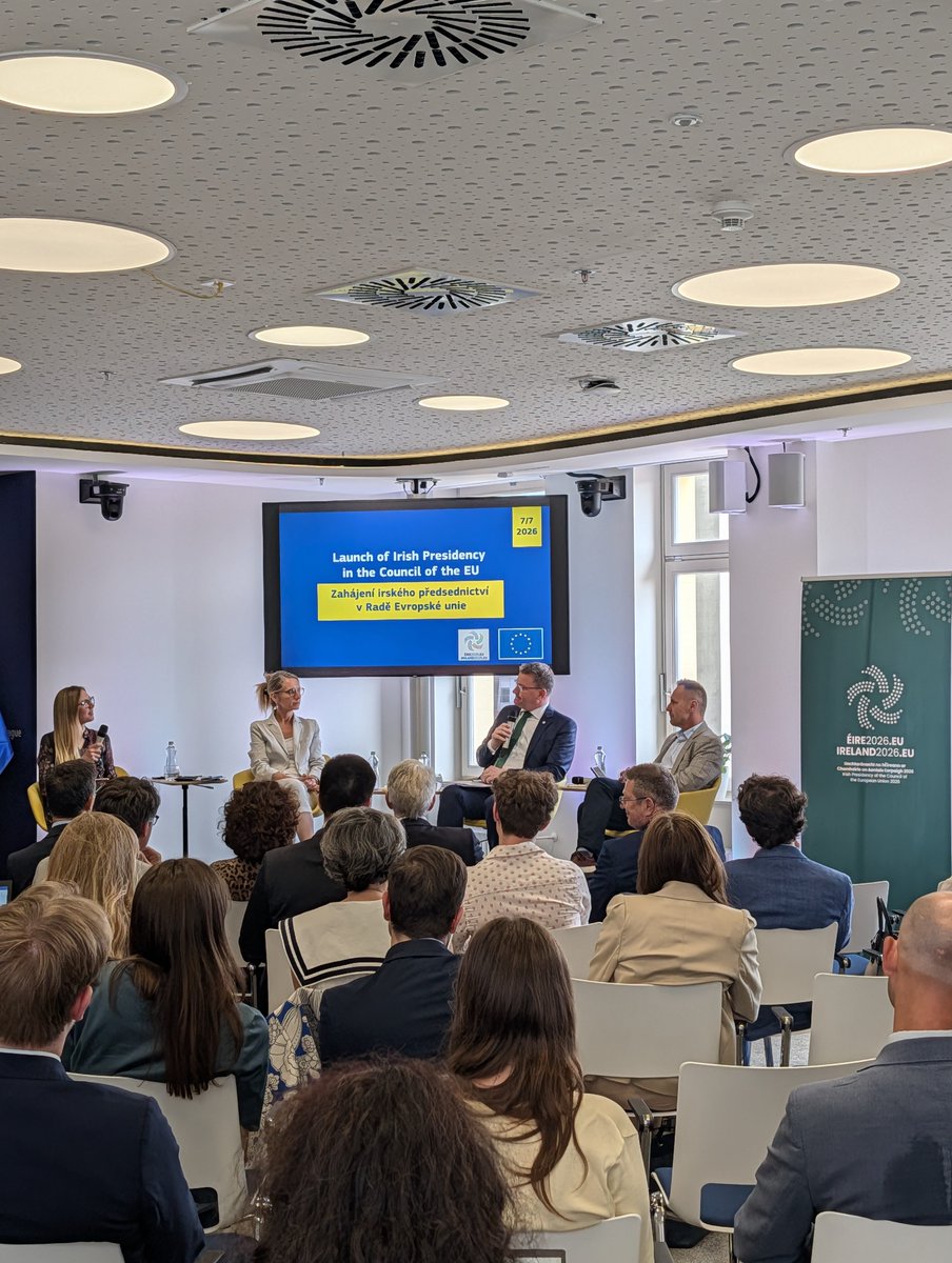 IrlEmbPrague's tweet photo. 🗣️ "Europe's strength lies in our unity."
 ​
🇪🇺Amb. Gibbons joined @LadmanovaMonika and DG David Král in a debate hosted by the European Commission in Prague to discuss the Irish EU Presidency priorities.
#Ireland2026EU https://t.co/p6cAKZ2ipw