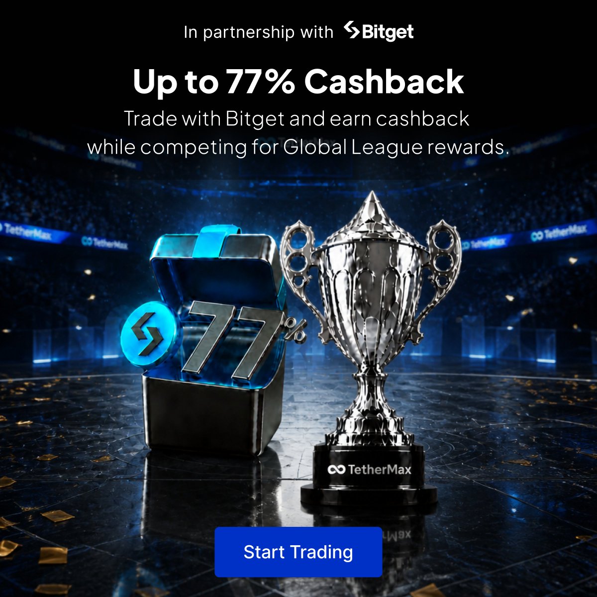 TetherMax's tweet photo. 🏆 TetherMax Global League is now LIVE.

Trade on Bitget. Earn up to 77% cashback. Compete for your share of the 10,000 USDT prize pool.

Two rewards. One trade. Zero excuses.

📅 Competition Period :  July 8th – 28th
👉 Start Trading → https://t.co/X0CAraFVLx

#TetherMax #Bitget #GlobalLeague #Cashback #Crypto #CryptoTrading #USDT