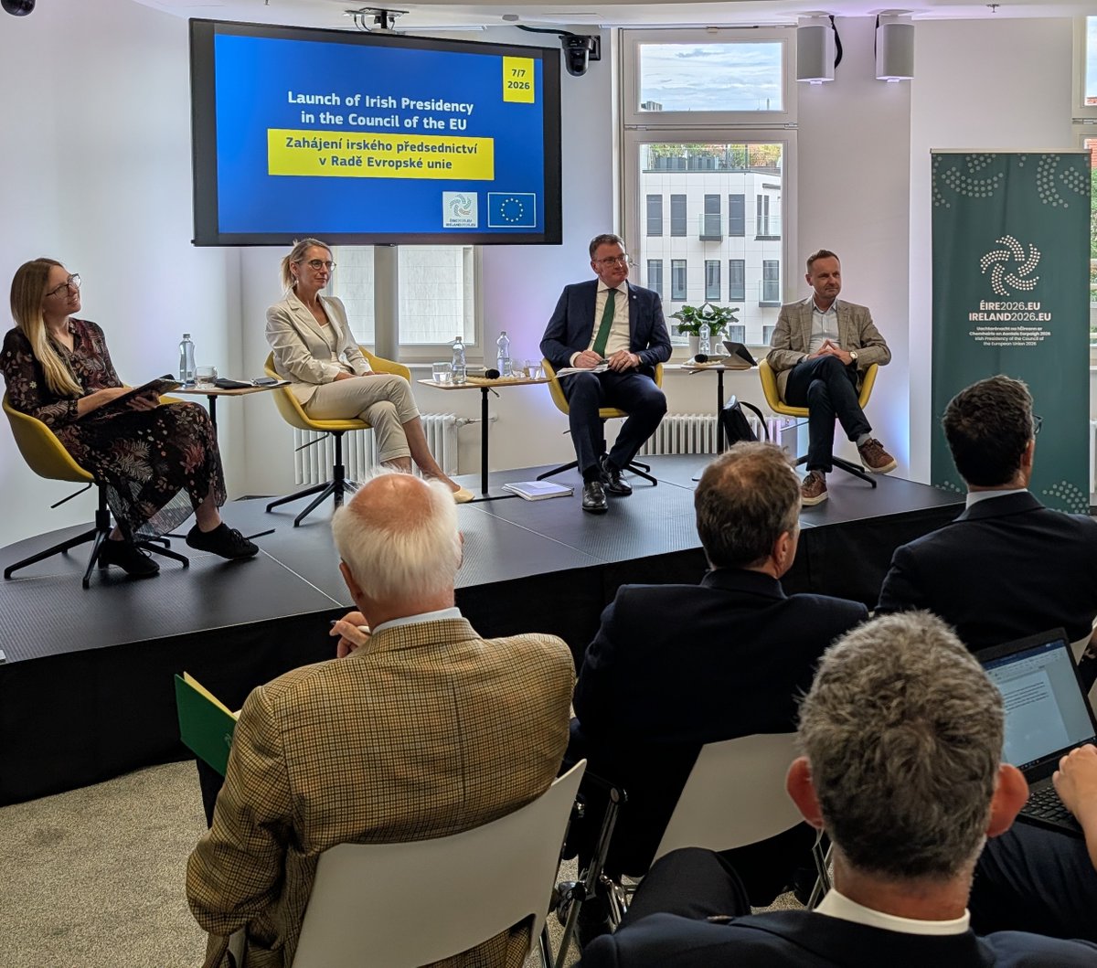 IrlEmbPrague's tweet photo. 🗣️ "Europe's strength lies in our unity."
 ​
🇪🇺Amb. Gibbons joined @LadmanovaMonika and DG David Král in a debate hosted by the European Commission in Prague to discuss the Irish EU Presidency priorities.
#Ireland2026EU https://t.co/p6cAKZ2ipw