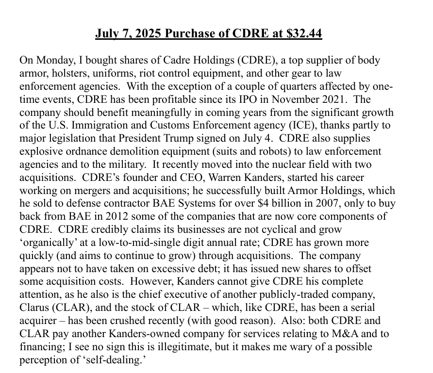 jktadave's tweet photo. @ACapitalLP BTW, in 2025 I bought $CDRE; the founder/CEO (Kanders) previously built &amp; sold a similar company, altho he now also leads yet another company that has been crushed. Summary attached. I saw ICE funding as a big catalyst (hasn't yet been). I have a loss but am holding patiently. https://t.co/t9AbDLcRzM