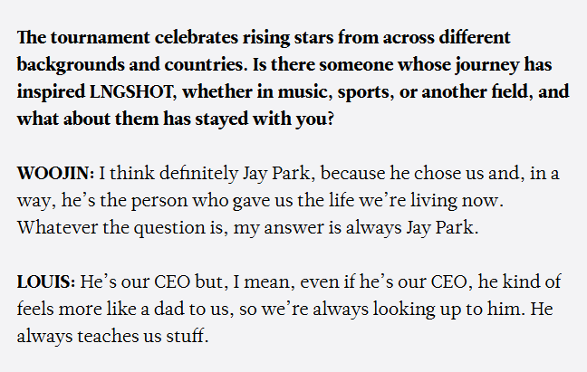 theJ_Effect's tweet photo. 🫠💕💕
-Who's inspired LNGSHOT?

🐕: Jay Park is the person who gave us the life we’re living now. Whatever the question is, my answer is always Jay Park.

🐘: He’s our CEO, but he kind of feels more like a dad to us, so we’re always looking up to him. He always teaches us stuff. https://t.co/JWB3jrVPHV