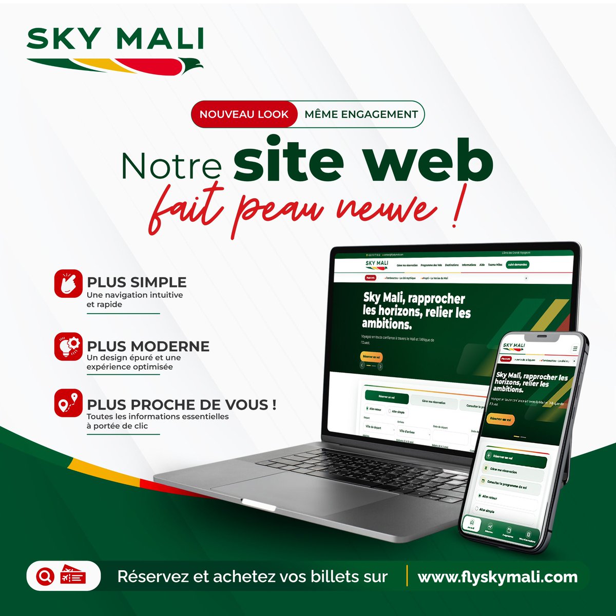 FlySkyMali's tweet photo. ✨ Notre site web fait peau neuve !

Réservez et payez désormais votre billet en ligne, sans vous déplacer.

Une plateforme plus moderne, plus intuitive et pensée pour faciliter tous vos voyages.

🌐 https://t.co/qJayynVjhR

#SkyMali #Voyage #Aviation https://t.co/USJrqZE2Iw
