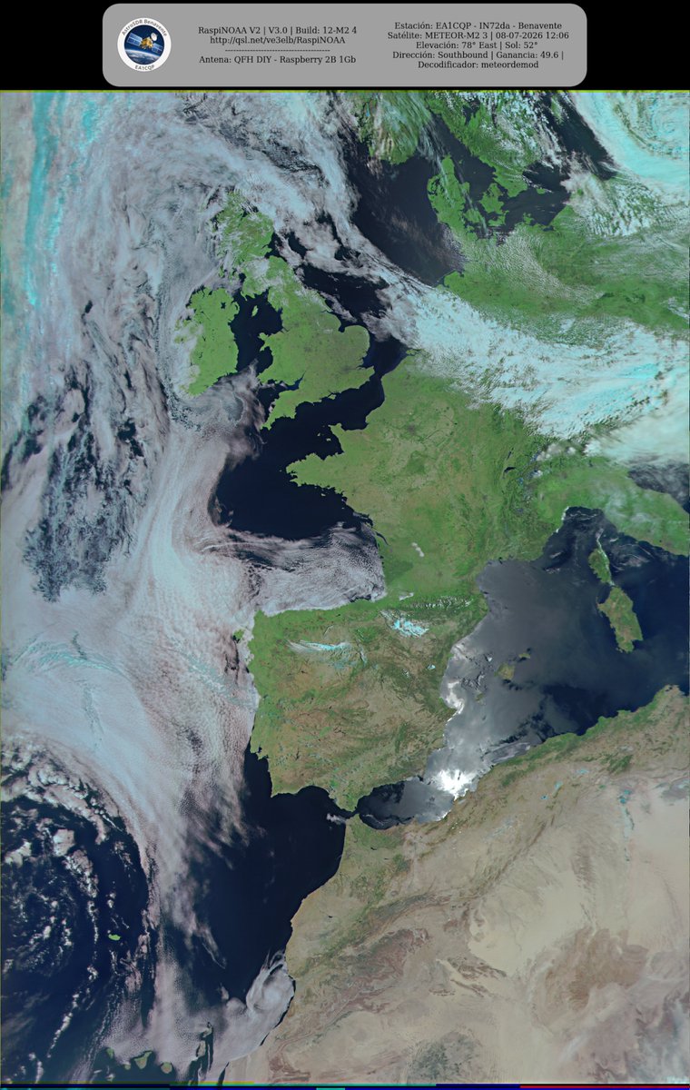 monforra's tweet photo. Ground Station: EA1CQP - IN72da - Benavente METEOR-M2 3 08-07-2026 11:49 CEST  Max Elev: 78° E Sun Elevation: 52° Gain: 49.6 | Southbound

#NOAA #MeteorM2_3 #MeteorM2_4 #weather #weathersats #APT #LRPT #wxtoimg #MeteorDemod #rtlsdr #gpredict #raspberrypi https://t.co/2SdIaNV4sv