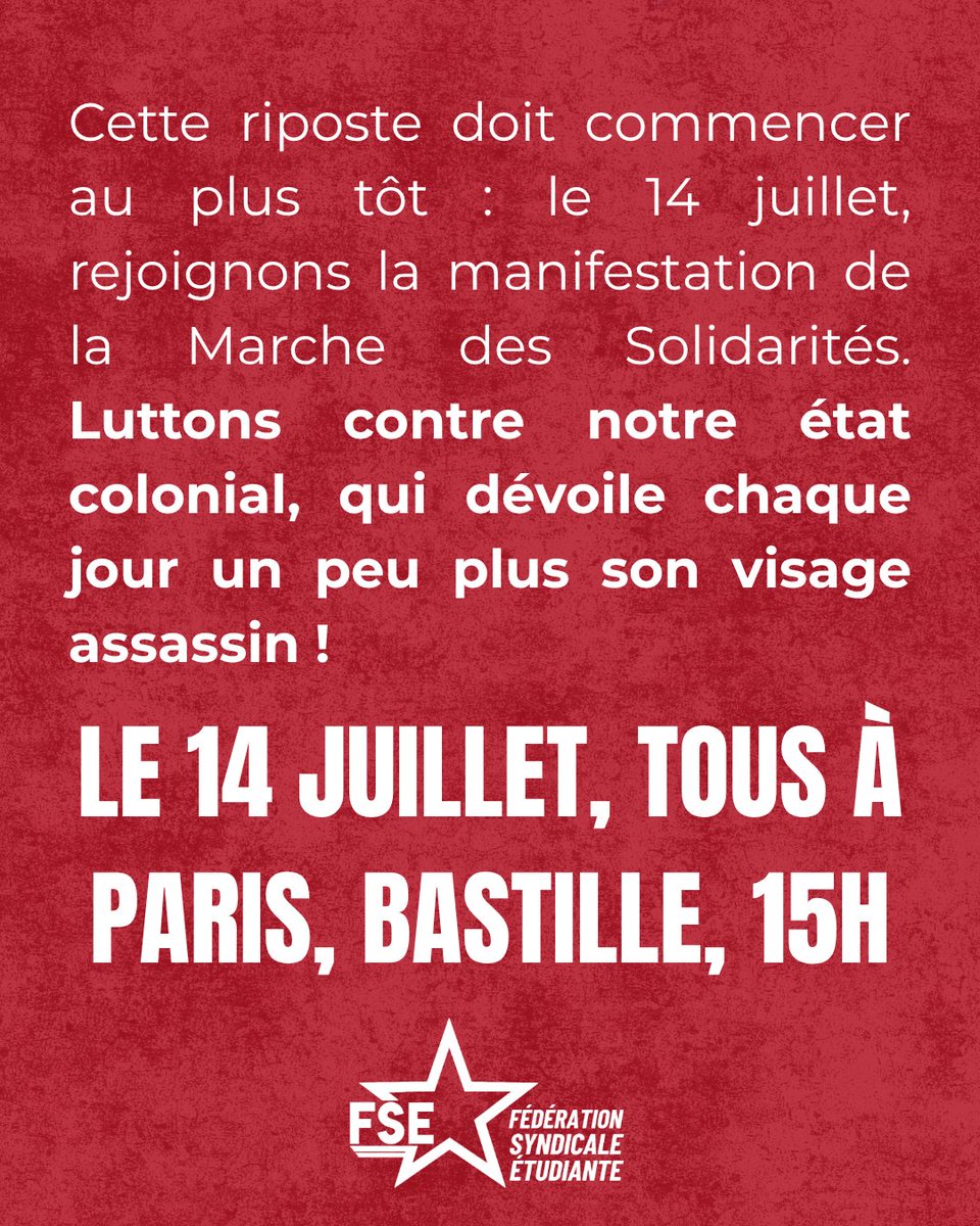 FSE_natio's tweet photo. 📣 Mais cette loi, et toutes les offensives contre notre classe, ne restera pas sans réponse : ils sèment la mort, ils récolteront la révolte !

🚩 Alors tous dans la rue à l’occasion du 14 juillet internationaliste de la @ ! Rendez vous à Bastille à 15h, à Paris !

3/3 https://t.co/aZzIMFYXvc