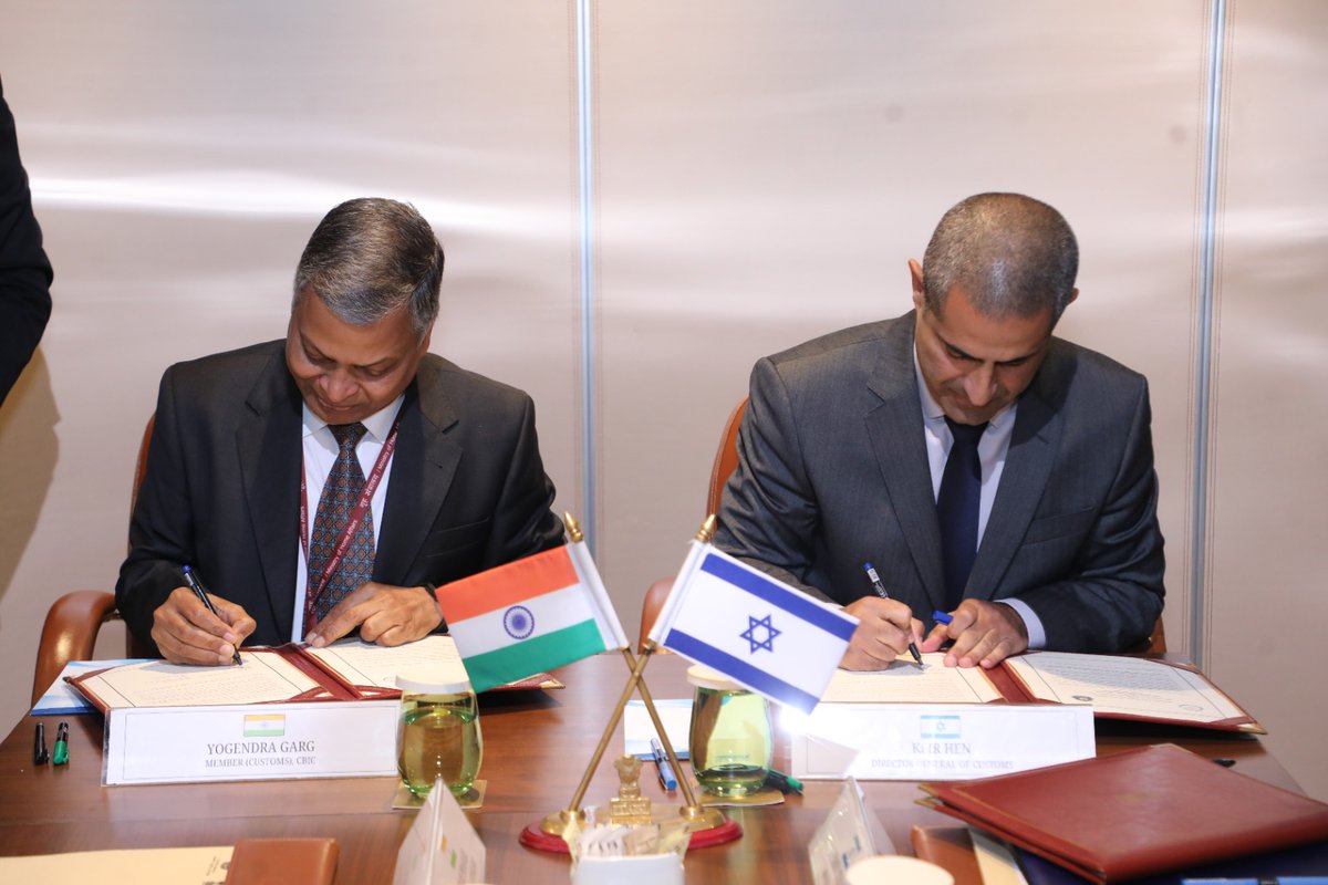 cbic_india's tweet photo. Sh. Yogendra Garg, Special Secretary, Government of India & Member(Customs), @CBIC_india , and Mr. Kfir Hen, Director General of Customs, Israel, signed a Joint Action Plan, on 8th July, 2026 for phased negotiations of an AEO Mutual Recognition Arrangement (AEO-MRA).

👉This strategic initiative will significantly strengthen supply chain security, reduce trade barriers, and facilitate smoother, trusted trade between India and Israel