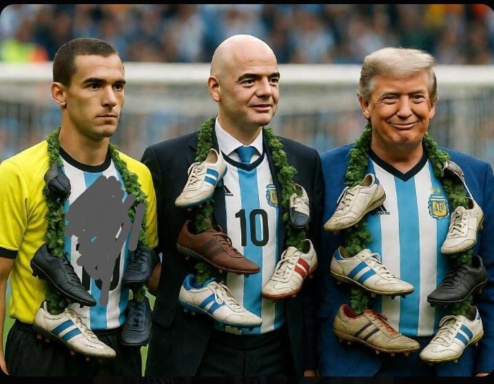 RealTimesBD's tweet photo. SHAME ON THE 3 THIEVES!  Yesterday these three robbed Egypt in broad daylight during the World Cup.  The biased referee François Letexier, FIFA President Gianni Infantino, and Donald Trump — all working together.  They disallowed a legitimate Egypt goal, ignored fouls on Egyptian players, and only showed cards to Egypt while Argentina got away with everything.  This wasn’t refereeing. This was pure theft.  Part 2/2 coming...  #JusticeForEgypt #FIFACorruption #ThreeThieves