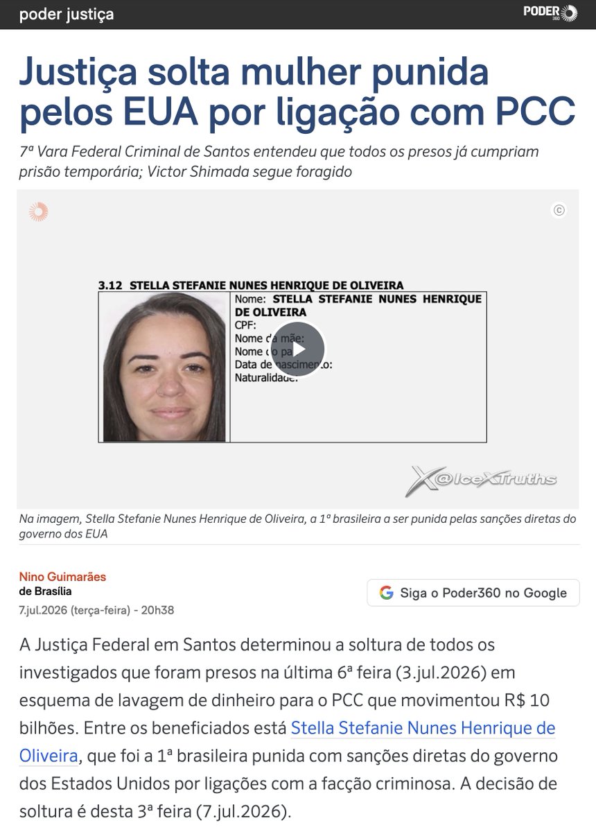 IceXTruths's tweet photo. Esse é o Governo do Lula:

A Justiça Federal de Santos, com a velocidade de um raio quando o assunto é soltar gente do PCC, mandou pra casa Stella Stefanie Nunes Henrique de Oliveira ,  a primeira brasileira a levar sanção direta dos EUA por ligação com a facção.

Lavagem de dinheiro, R$ 10 bilhões rodando pro crime organizado... mas olha só, "todos já tinham cumprido a prisão temporária". Que conveniente! O Victor Shimada continua foragido, mas a moça pode voltar pra casa tomar um cafezinho. Justiça rápida, né? Só quando é pra soltar.

E o melhor: depois dessa palhaçada toda, ainda ficam choramingando quando os EUA resolvem sancionar alguém do governo ou do círculo do poder. 

"Interferência imperialista!", "Respeito à soberania!", "Não podem nos punir!".

Pô, companheiros... se vocês soltam quem os gringos já puniram por bancar o PCC, aí não adianta fazer cara de vítima quando o Tio Sam resolve apertar o pescoço de quem merece. É tipo assaltar o banco e reclamar que a polícia tá sendo grossa.

Esse é o Brasil do "nunca antes na história deste país": bandido solto, amigo do PCC liberado, e o discurso de que "só os EUA são os vilões". 

Enquanto isso, o povo paga a conta da bagunça.

Vergonha alheia nível hard. 🇧🇷🔫