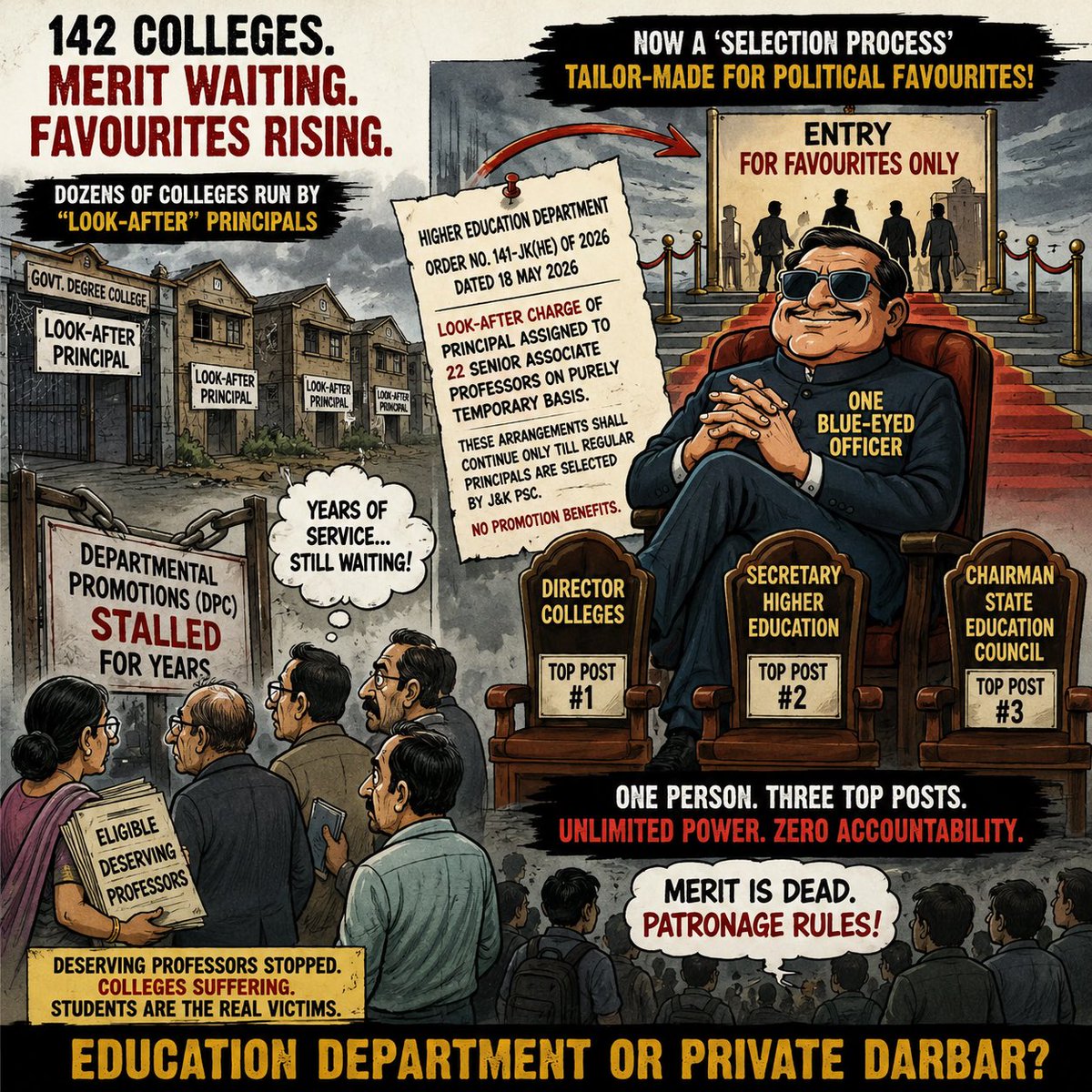 imrankehwah's tweet photo. 142 Government Degree Colleges — and dozens of them run by “look-after” Principals because the DPCs of deserving Professors were deliberately buried in cold storage for years. This was not negligence. This was design.

The Higher Education Department stands convicted by its own hand. Order No. 141-JK(HE) of 2026 dated 18 May 2026 openly confesses these are stopgap arrangements pending selection of regular Principals. 

The Department knew, The Department sat on it & The Department did nothing.
And now — suddenly, conveniently — a “selection process” is conjured out of thin air. Coincidence? Nobody is that naive. This reeks of a pre-scripted, calculated operation to trample deserving officers underfoot and gift the top posts of J&K’s colleges to politically anointed favourites.

Worse still: one individual sits astride at least three of the highest offices in the Higher Education Department. One man, three chairs, zero accountability. When absolute power is concentrated in a single pair of hands and merit is bulldozed at every turn, the system is not merely unfair — it is rigged.

Let us call this what it is. This is not education reform. This is political patronage dressed up in official stationery. The playbook is shameless: freeze promotions, strangle DPCs, deny deserving officers their rightful due, keep 142 colleges limping on makeshift arrangements — and then stage-manage the outcome through a tailor-made selection charade.

Merit — butchered. Transparency — buried. Accountability — extinct.
The people of Jammu & Kashmir will not be taken for fools. They demand answers. And they will get them.

@PMOIndia @HMOIndia  @OfficeOfLGJandK @JmuKmrPolice @DivComKash @KashmirPolice @JKACB @ddprsrinagar @diprjk @jkgrievance