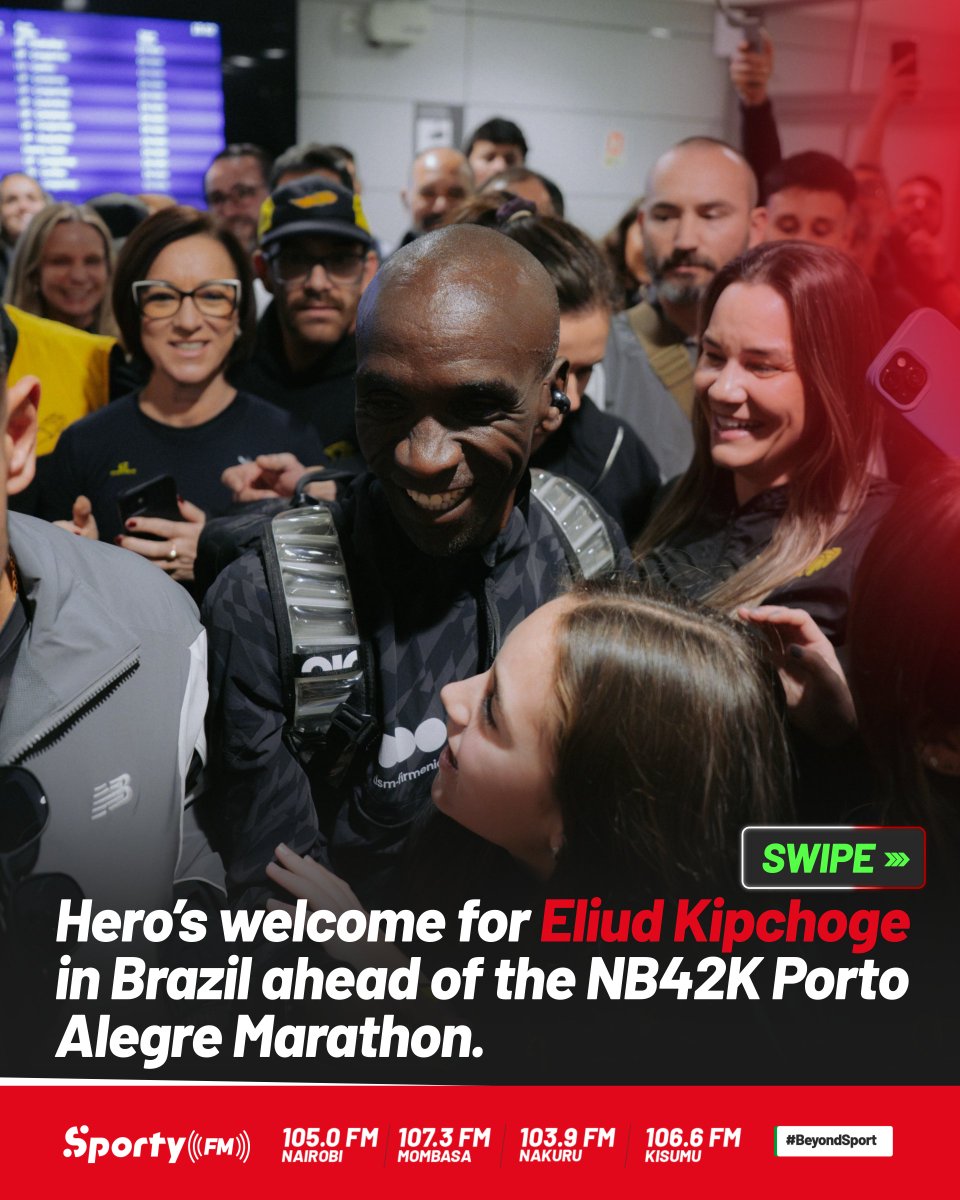 SportyFMKE's tweet photo. A champion’s welcome in Brazil!

Marathon legend Eliud Kipchoge arrived to a hero’s reception ahead of the NB42K Porto Alegre Marathon that will take place on Sunday, July 12, 2026. #BeyondSport

Photo Credits: Eliud Kipchoge https://t.co/QfOPSIIMNu