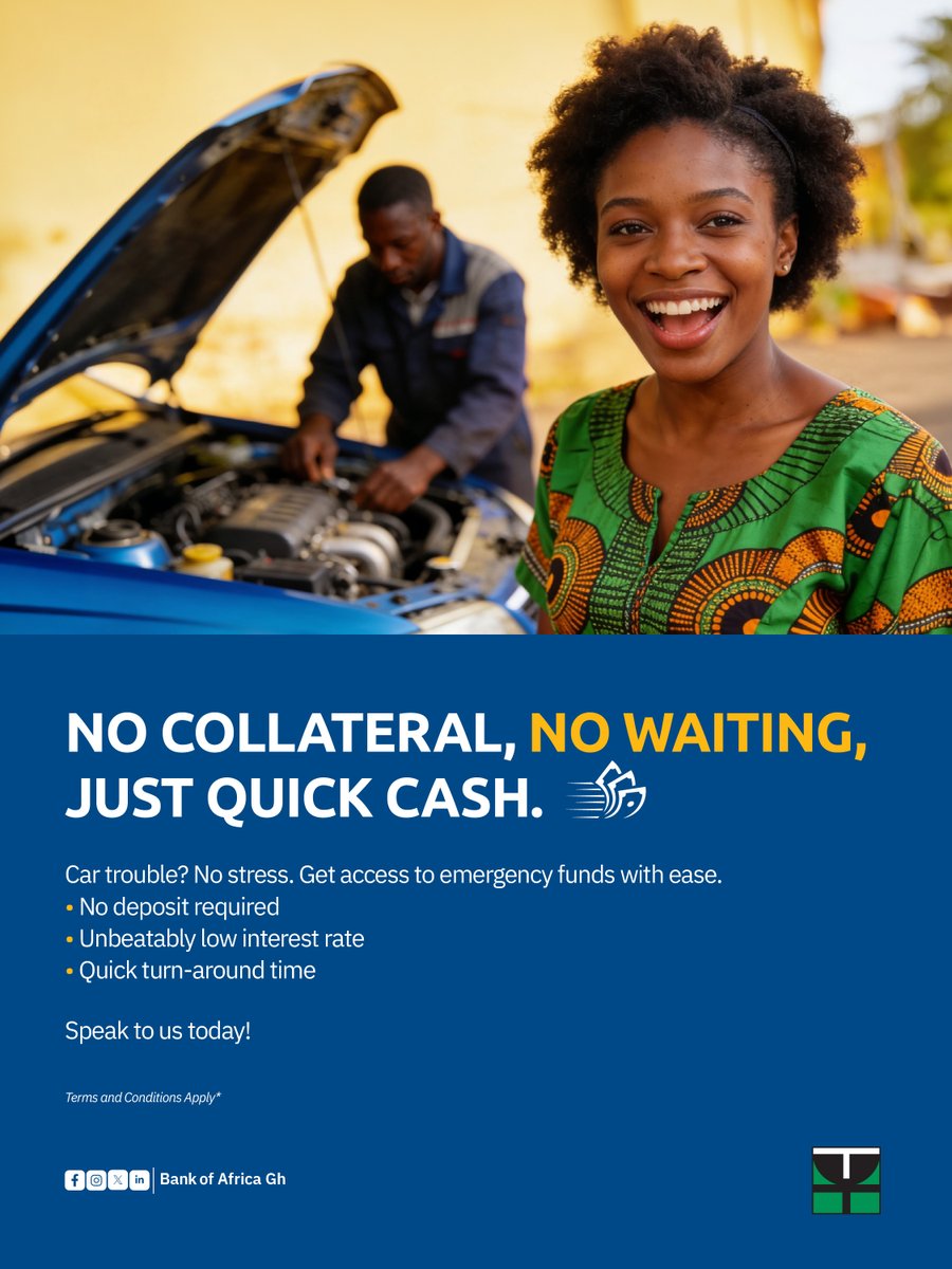 bankofafricagh's tweet photo. Bank of Africa has you covered. Get immediate cash with our Quick Fix Loan, no collateral required, just instant financial relief when you need it the most. Talk to us now!
#BankofAfrica #QuickFix #JustQuickCash #JoinBOA https://t.co/FN5L4rHdIt