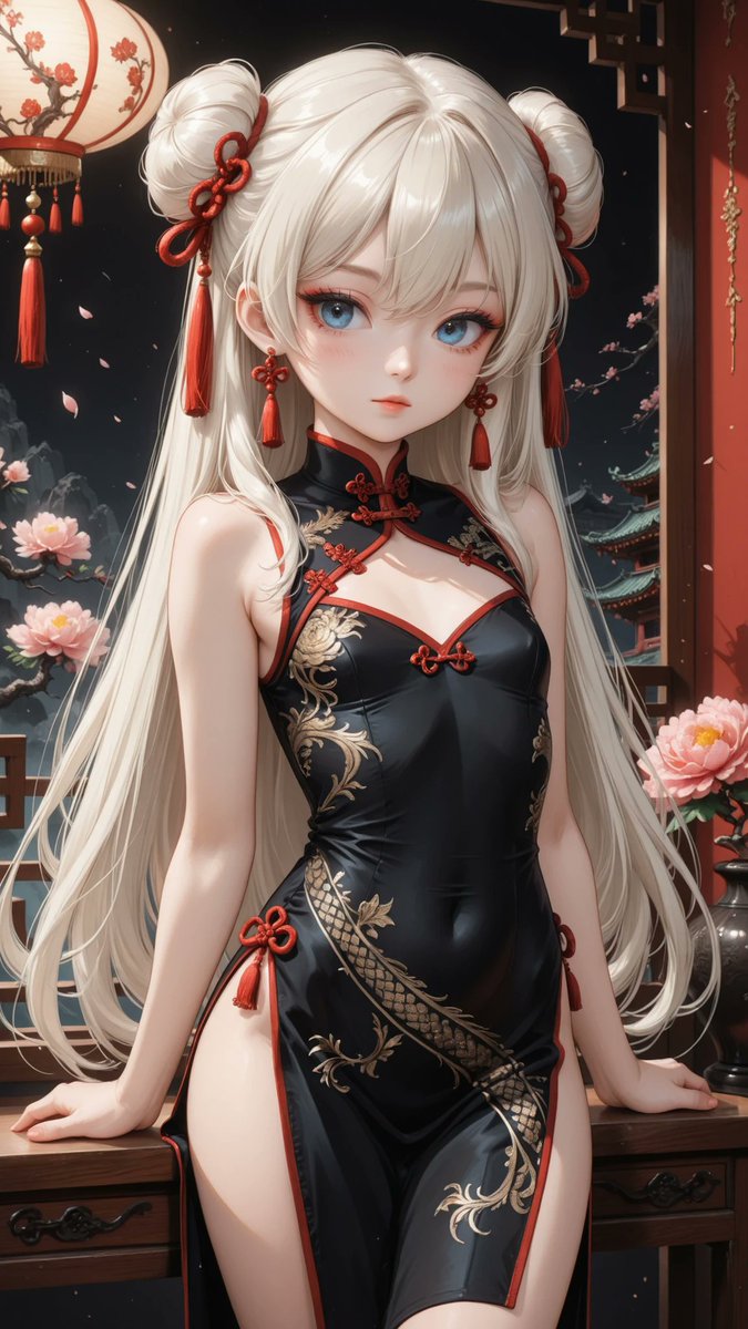 AliceLavli's tweet photo. 漆黒のチャイナドレスをどうぞ✨
midnight black cheongsam, high Mandarin collar, sleeveless fitted bodice, elegant shoulder line, traditional frog button closures at the right collar and shoulder, smooth princess seams, sharply defined hourglass silhouette, narrow natural waist, high side slits on both sides, thigh-length hem, luxurious black silk satin fabric, intricate metallic gold phoenix and peony embroidery across the bodice and skirt, ornate gold cloud motifs, fine gold floral vine embroidery, glossy black piping along the collar, armholes, front edge and slits, fitted waist, sculpted hips, clean uninterrupted silhouette, black tassel knot ornament beneath the frog buttons, refined oriental elegance, premium couture tailoring, highly detailed stitching, crisp structured construction, strict color placement, pure deep black fabric only, metallic gold embroidery only, black piping only, black frog buttons only, black tassels only