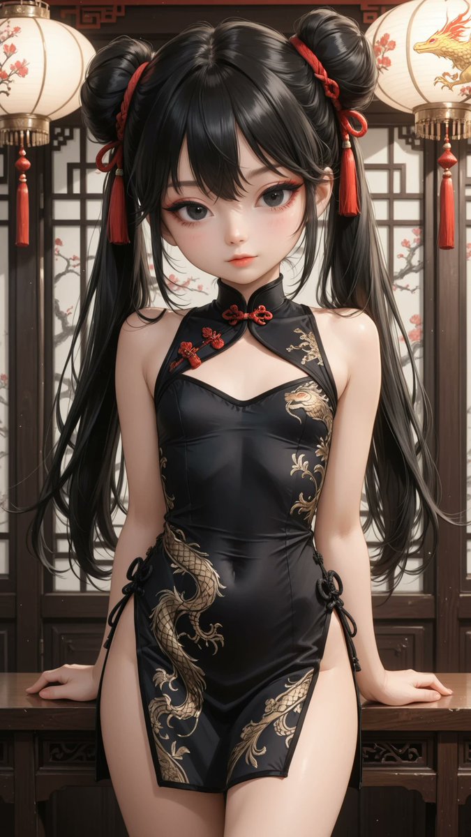 AliceLavli's tweet photo. 漆黒のチャイナドレスをどうぞ✨
midnight black cheongsam, high Mandarin collar, sleeveless fitted bodice, elegant shoulder line, traditional frog button closures at the right collar and shoulder, smooth princess seams, sharply defined hourglass silhouette, narrow natural waist, high side slits on both sides, thigh-length hem, luxurious black silk satin fabric, intricate metallic gold phoenix and peony embroidery across the bodice and skirt, ornate gold cloud motifs, fine gold floral vine embroidery, glossy black piping along the collar, armholes, front edge and slits, fitted waist, sculpted hips, clean uninterrupted silhouette, black tassel knot ornament beneath the frog buttons, refined oriental elegance, premium couture tailoring, highly detailed stitching, crisp structured construction, strict color placement, pure deep black fabric only, metallic gold embroidery only, black piping only, black frog buttons only, black tassels only