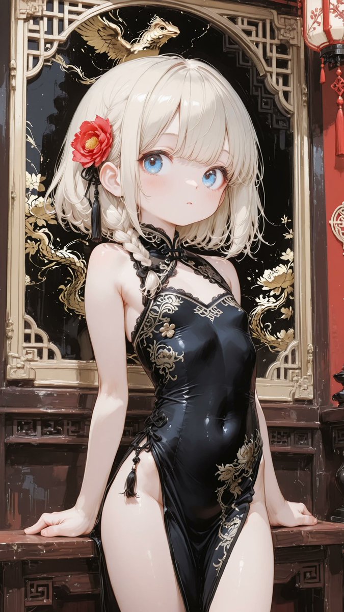 AliceLavli's tweet photo. 漆黒のチャイナドレスをどうぞ✨
midnight black cheongsam, high Mandarin collar, sleeveless fitted bodice, elegant shoulder line, traditional frog button closures at the right collar and shoulder, smooth princess seams, sharply defined hourglass silhouette, narrow natural waist, high side slits on both sides, thigh-length hem, luxurious black silk satin fabric, intricate metallic gold phoenix and peony embroidery across the bodice and skirt, ornate gold cloud motifs, fine gold floral vine embroidery, glossy black piping along the collar, armholes, front edge and slits, fitted waist, sculpted hips, clean uninterrupted silhouette, black tassel knot ornament beneath the frog buttons, refined oriental elegance, premium couture tailoring, highly detailed stitching, crisp structured construction, strict color placement, pure deep black fabric only, metallic gold embroidery only, black piping only, black frog buttons only, black tassels only