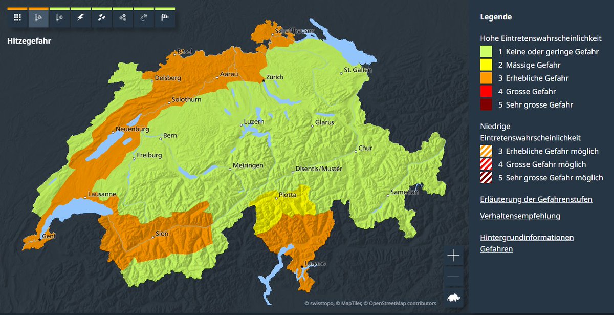 meteoschweiz's tweet photo. Warnung des Bundes: markante Hitzewelle. Gefahrenstufe 3 (von 4). Betroffene Regionen, weitere Informationen und Verhaltensempfehlungen auf https://t.co/fR0rVJKQQO und https://t.co/EVnQ0ywRjT oder auf der MeteoSwissApp. #MeteoSchweiz #Warnungen https://t.co/6XS56nXhwI