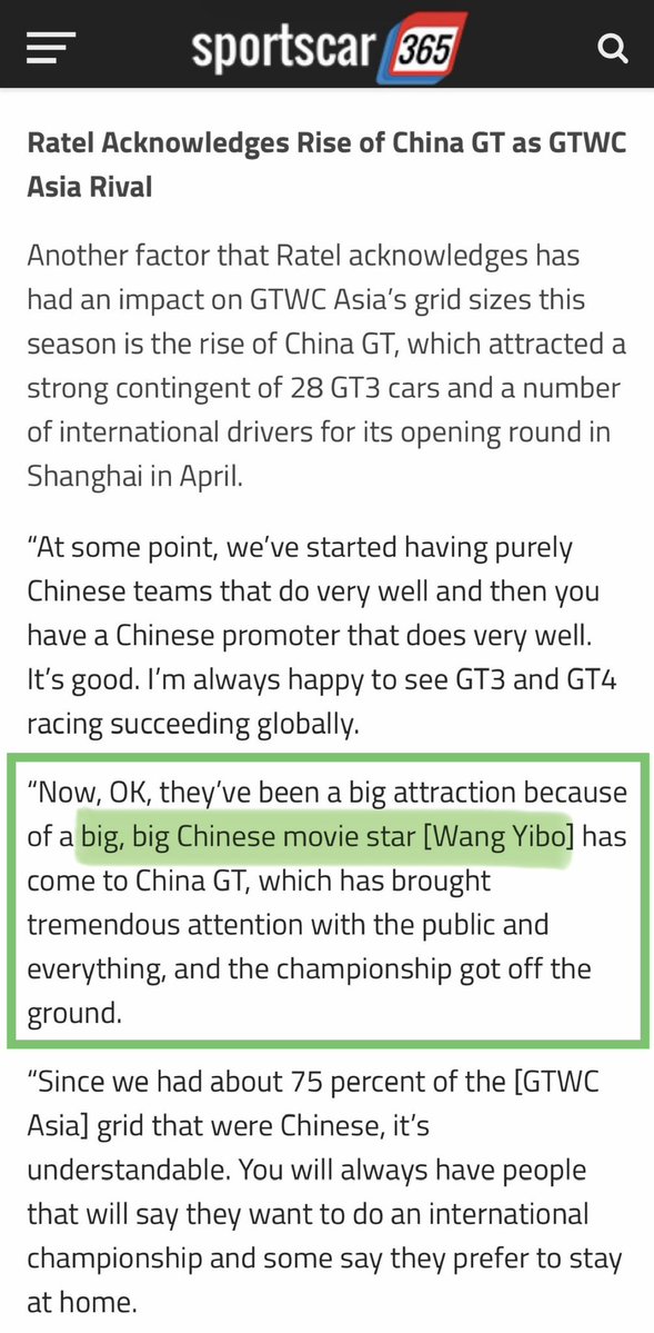 WYBSOURCES's tweet photo. 📰 SRO Motorsports Group founder and CEO Stephane Ratel has commented on the rise of CHINA GT and how it is becoming a rival of GT World Challenge Asia. He has attributed the big attraction of CHINA GT because of “big big Chinese movie star #WangYibo”.

Ratel Acknowledges Rise of China GT as GTWC Asia Rival

Another factor that Ratel acknowledges has had an impact on GTWC Asia’s grid sizes this season is the rise of China GT, which attracted a strong contingent of 28 GT3 cars and a number of international drivers for its opening round in Shanghai in April.

Among the significant names from overseas that took part in the Shanghai race were Mercedes-AMG DTM regular Tom Kalender, Porsche Motorsport Asia Pacific Selected Driver Enzo Trulli, Samantha Tan, Lorenzo Patrese and Ollie Millroy.

The most recent round at Ningbo meanwhile attracted 24 GT3s.

“The Chinese learn fast,” Ratel said. “When we arrived in GT racing, you had Asian teams led by European [expats] like Absolute Racing.

“At some point, we’ve started having purely Chinese teams that do very well and then you have a Chinese promoter that does very well. It’s good. I’m always happy to see GT3 and GT4 racing succeeding globally.

“Now, OK, they’ve been a big attraction because of a big, big Chinese movie star [Wang Yibo] has come to China GT, which has brought tremendous attention with the public and everything, and the championship got off the ground. 

“Since we had about 75 percent of the [GTWC Asia] grid that were Chinese, it’s understandable. You will always have people that will say they want to do an international championship and some say they prefer to stay at home.

“For the moment, we still have a very decent grid.”

*Sportscar365 is the news authority on IMSA, WEC, 24 Hours of Le Mans, GT racing and more.

🔗 https://t.co/c8upARYQ38