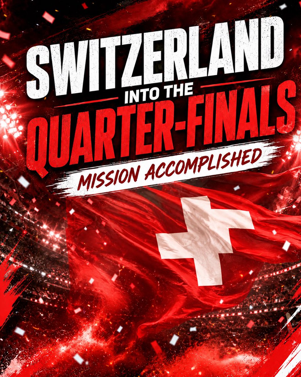 FCChainHQ's tweet photo. 🇨🇭 SWITZERLAND ARE INTO THE QUARTER-FINALS.

Discipline. Heart. Fight. Belief.

The Swiss mission is alive — and now the dream gets bigger.

Quarter-finals secured.
Next target: the semis. ⚔️

How far can Switzerland go? 👇

#Switzerland #Nati #QuarterFinals #Football #MissionAccomplished