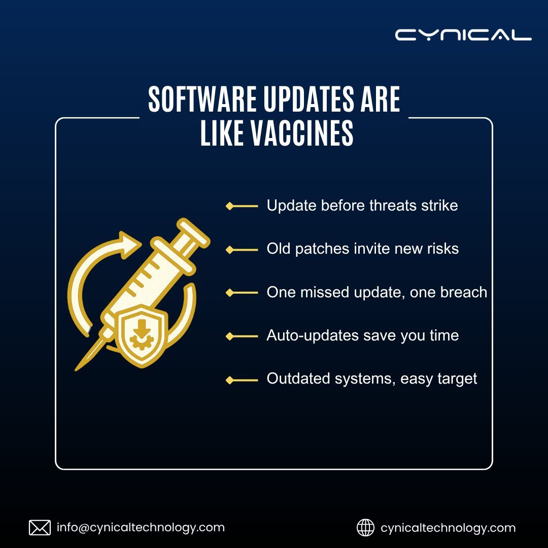 cynical_sec's tweet photo. Software updates are your first line of defense. 

Just like vaccines, updates protect before threats strike. Outdated systems are easy targets, one missed patch is all it takes for a breach.

#CynicalTechnology #CyberSecurity #PatchManagement #SoftwareUpdates #CyberHygiene https://t.co/35iJIeTbbZ