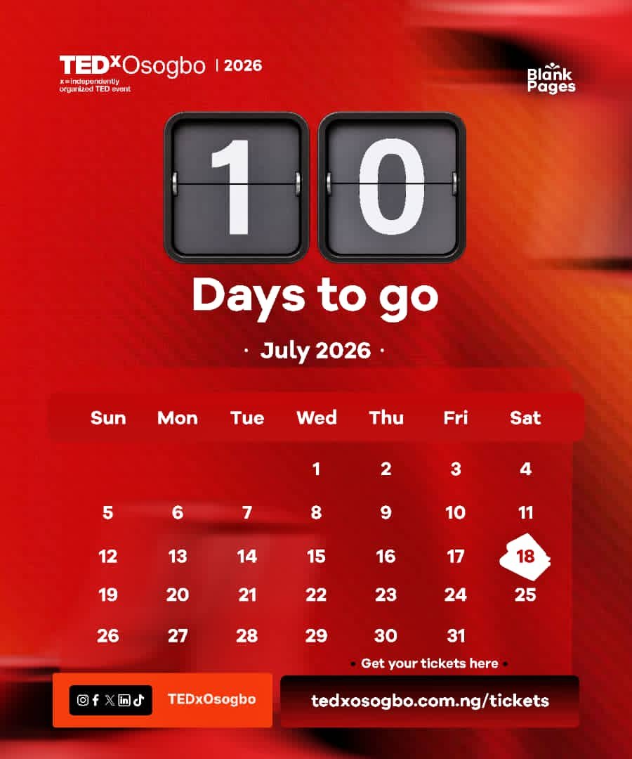 TEDxOsogbo's tweet photo. 10 days to go! 🥳

In just 10 days, TEDxOsogbo comes to life. Every ticket claimed means one less seat available. 🫣

Don't hear about it later be in the room.

🎟️ Tickets going out fast, send a Dm.

Come with a friend, sibling, or loved one. 🫱🏾‍🫲🏾 https://t.co/3I0WvmeZfk