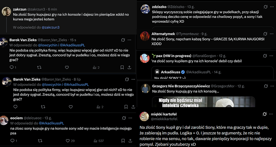 ArkadikussPL's tweet photo. Moi drodzy.   

Wczoraj wstawiłem zdjęcie z nowymi pudełkami, które do mnie dotarły. Momentalnie odpaliło się kilku niezbyt lotnych użytkowników X, którzy postanowili to wypunktować. Z marnym skutkiem, ale przynajmniej próbowali ;-))  

Niektórzy jak widać mylą sprzeciw wobec digital-only z zakazem dotykania pada. I potem jeszcze piszą o inteligencji.  

Nie od każdego można spodziewać się pewnego rodzaju lotności, ale hej! Żyjemy w tolerancyjnych czasach :)

Tłumaczę i objaśniam, jak krowie na rowie. Zacznę od najważniejszego - bo widzę, że dla części osób to jest trudne, więc uprośćmy: kupowanie pudełek nie jest „dawaniem Sony pieniędzy na złość Sony”. 
TO JEST DOKŁANIE ODWROTNIE - to jest głosowanie portfelem za formatem, który Sony próbuje wypchnąć z rynku. Kiedy sony bzdurnie argumentuje, że „gracze wybierają cyfrę” - to proszę bardzo - odpowiadam „nie wszyscy, ja dalej wybieram fizyczne wydania”. 

Co jest ważne - to to, że nie rosną nigdzie "statystyki digitali i wyboru konsumentów" na które fałszywie powołuje się Sony.  

To naprawdę nie jest fizyka kwantowa, chociaż patrząc po niektórych odpowiedziach - może jednak.

Na szczęście zdecydowana większość komentarzy jasno udowadnia, że tutaj odpowiadam tylko tej nielicznej części intelektualnej patologii tej platformy. Pozostali wiedzą doskonale o co chodzi.  

Informując dalej: 
- Od zawsze na konsole - o ile mam taką możliwość - kupuję wersje fizyczne. 

- Jak wyszło PS5 Pro - przetestowałem je i zwróciłem je do sklepu z powodu braku napędu (w tamtym czasie).  - Na złość sony (i xboxowi zresztą też) nigdy nie kupiłem konsoli digital-only.  

- NIGDY nie byłem przeciwko cyfrze per-se, a PRZECIWKO kupowaniu konsol digital only samemu sobie zabierając wybór. Bo liczy się wybór. O to w tym wszystkim chodzi.  

- Nie bojkotuję/walczę z samym Sony. Tak - wkurwili mnie, jak większość. Przypuszczam, że na pewno bardziej niż tych tutaj performancerów na screenach, co to mają wyjebane - ale jestem jednak nieco bardziej rozgarnięty niż zwiędła rozwielitka - więc nie mam podejścia "ej, nie robię nic" albo "ej wyrzucam konsolę przez okno". A kupuję - tak jak zwykle - pudełka.  

- W tym zestawie kupiłem dwie crapowate gry (Saint's Row oraz Forspoken). Obie te gry kosztowały łącznie 50zł ;-P Ale - wiecie co jest najśmieszniejsze? Sam Forspoken kosztuje na jebanym PS Store 339 złotych. I kupiłem to jako kolejny dowód, że ceny cyfry ssą. A wszystkie 10 gier kupiłem za 400zł.  

- Był jeszcze cymbał, który uznał to za performatywne (a nie chce mi się go szukać by screena robić). Byku, na zdjęciach masz mój "performance"(acz nie pełny) który trwa już naście lat. Pokaż swoją kolekcję, panie "nie-performatywny". Mój "performance" stoi na półkach i zajmuje relatywnie do pokoju więcej miejsca, niż Twoja mózgownica w twojej czaszce.  

Z fartem! Następnym razem się może uda. ;-)