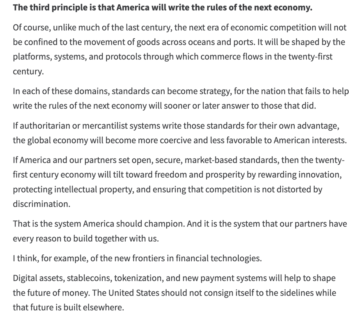 Matt_Hougan's tweet photo. Spent my morning reading this recent speech from @SecScottBessent. It lays out a new and defining vision for America's role in the economy for the next 100 years. @elerianm calls it a "remarkably important speech."

Bessent organizes his vision around five principles. Principle 3 is, "America will write the rules of the next economy." He gives one example of what this means:

"Digital assets, stablecoins, tokenization, and new payment systems will help to shape the future of money. The United States should not consign itself to the sidelines while that future is built elsewhere."

If you've wondered how committed Washington is to making crypto succeed in the US, that tells you something.