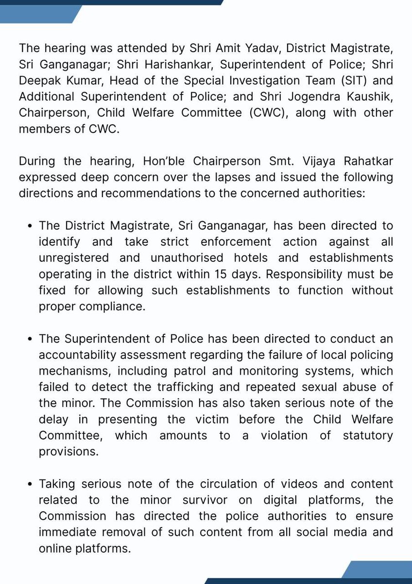 NCWIndia's tweet photo. Press Release by NCW 

Five Days of Horror: NCW Seeks Answers and Strict Action in Sri Ganganagar Minor Gang Rape and Trafficking Case https://t.co/oiazCAmzYj