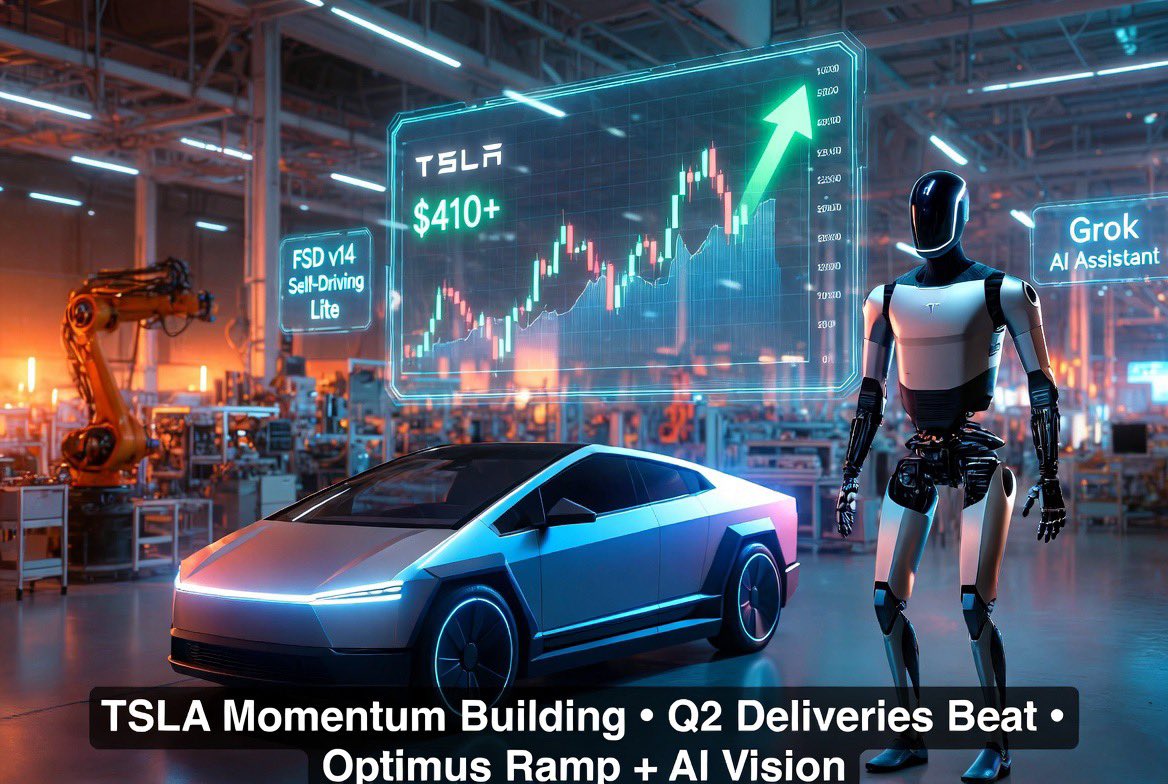 TimKrimmel's tweet photo. TSLA showing real resilience after the big Q2 deliveries beat! 🚀

The stock sold off on profit-taking right after the strong 480k+ deliveries (well above the ~406k consensus), but it’s been bouncing back nicely in recent sessions as the focus shifts to the bigger picture.

Key drivers:
•  Record Q2 deliveries with Europe rebounding strong
•  Optimus production line advancing in Fremont (Elon shared updates — slow at first as expected with new tech)
•  FSD v14 Lite rollout gaining traction + Grok 4.5 in beta at Tesla
•  Analyst upgrades highlighting autonomy & robotics upside (JPMorgan notably raised their view)

Short-term volatility is normal. The multi-year AI + robotics transformation is where the real momentum is building.

$TSLA