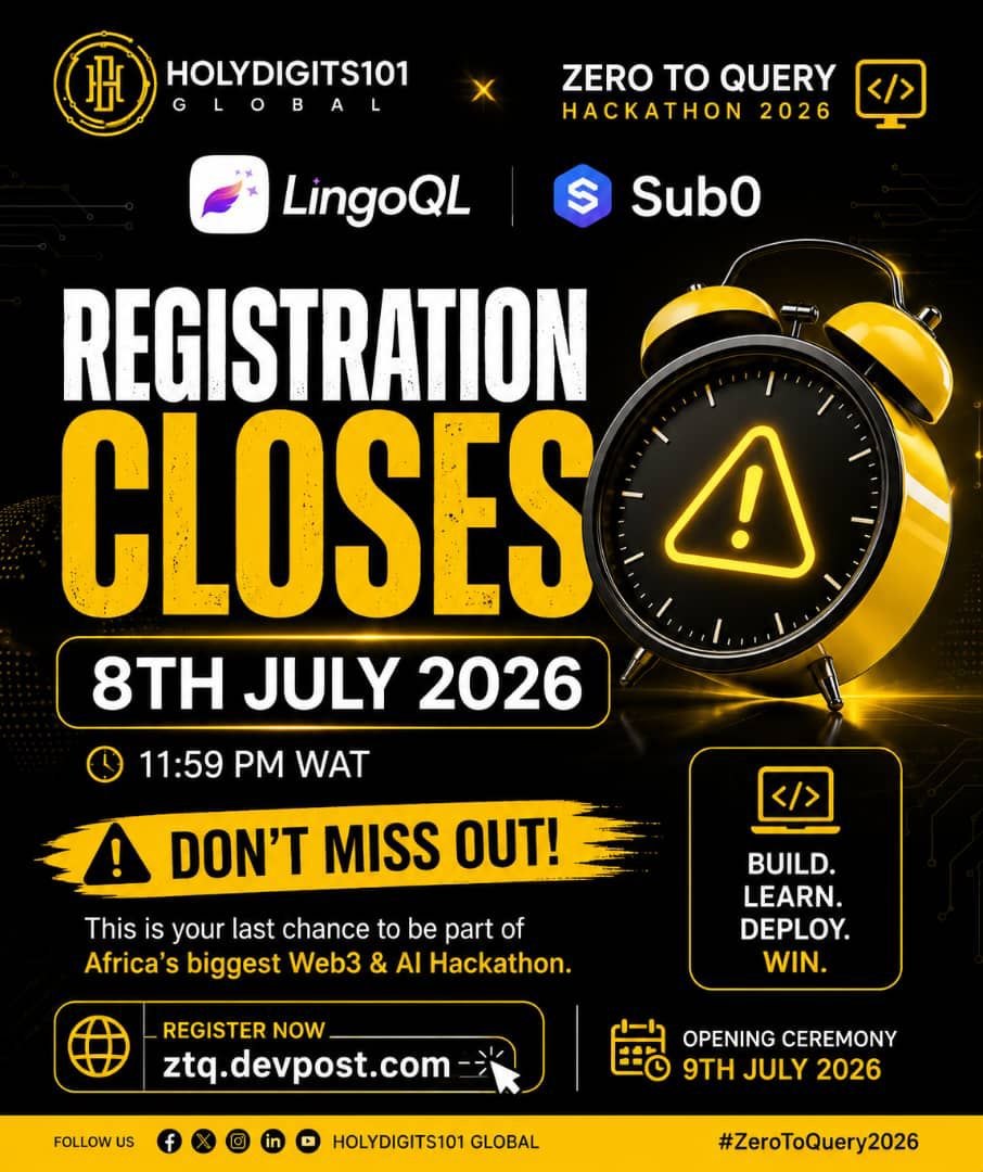 Holydigits101's tweet photo. 🚨 TODAY IS THE LAST DAY TO REGISTER! 🚨
The wait is over, Builders.
Today, 8 July, is your FINAL chance to register for the HOLYDIGITS101 Global Zero to Query Hackathon.
If you've been thinking about joining, this is your sign to stop waiting. Whether you're a complete beginner or you've already started exploring AI, Zero to Query is designed to take you from "What even is this?" to confidently building with LingoQL and AI tools.
No prior experience needed
Learn how AI can work with you, not replace you
Connect with a global community of builders
Build real projects and gain practical skills
Don't let this become the opportunity you wish you had taken.
⏰ Registration closes TODAY. No extensions.
📅 Deadline: 8th July 2026