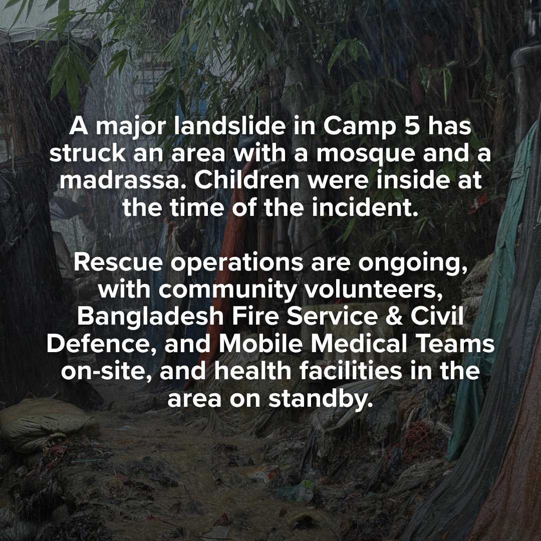 UNHCR_BGD's tweet photo. A landslide in Camp 5 has struck an area w/ a mosque &amp; madrassa. Children were inside at the time of the incident.

Rescue operations are ongoing, w/ community volunteers,🇧🇩Fire Service &amp; Civil Defence + Mobile Medical Teams on-site, and health facilities in the area on standby. https://t.co/6OEufMHXlI
