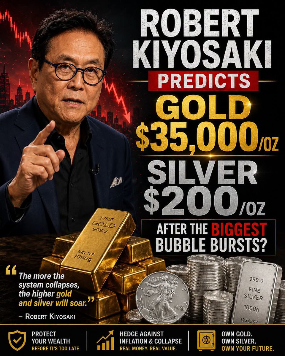WebDesignSeoUs's tweet photo. Robert Kiyosaki predicts gold will reach $35,000 and Silver $200 per ounce one year after the "biggest bubble bust in history". He ties this long-term projection to an economic collapse caused by excessive U.S. debt and falling faith in the U.S. dollar. https://t.co/YvYeOJR1KR