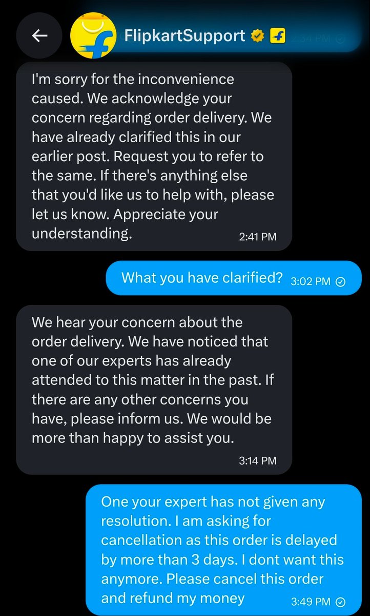 iakhilkhan's tweet photo. @flipkartsupport Worst support you can have is this 
Repeatedly, I am being told that something has been addressed but nothing has been addressed. Neither it is being delivered, not i am being allowed to cancel the order to get my refund https://t.co/0j4RwoTfe3
