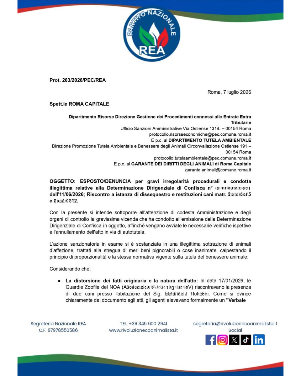 REApartito's tweet photo. REA ha inviato una PEC formale a Roma Capitale per chiedere l'annullamento della confisca e la restituzione dei cani prelevati a marzo del 2026 dalla loro abitazione per essere sbattuti dietro le sbarre dei box del Canile Muratella.

https://t.co/gKTKReDpXo https://t.co/yBe6ahrbp2