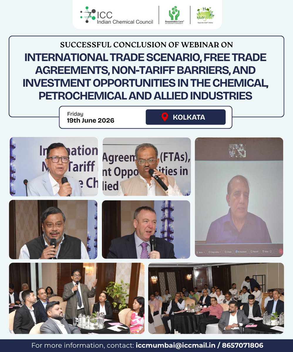 icc_india's tweet photo. Successful Conclusion of the Interactive Workshop on International Trade &amp; Investment
🗓️19 June 2026 |📍The Astor, Kolkata

A day of expert insights on global trade, FTAs, Non-Tariff Barriers (NTBs), and investment opportunities for the chemical, petrochemical &amp; allied industries https://t.co/g9RON8AGJG