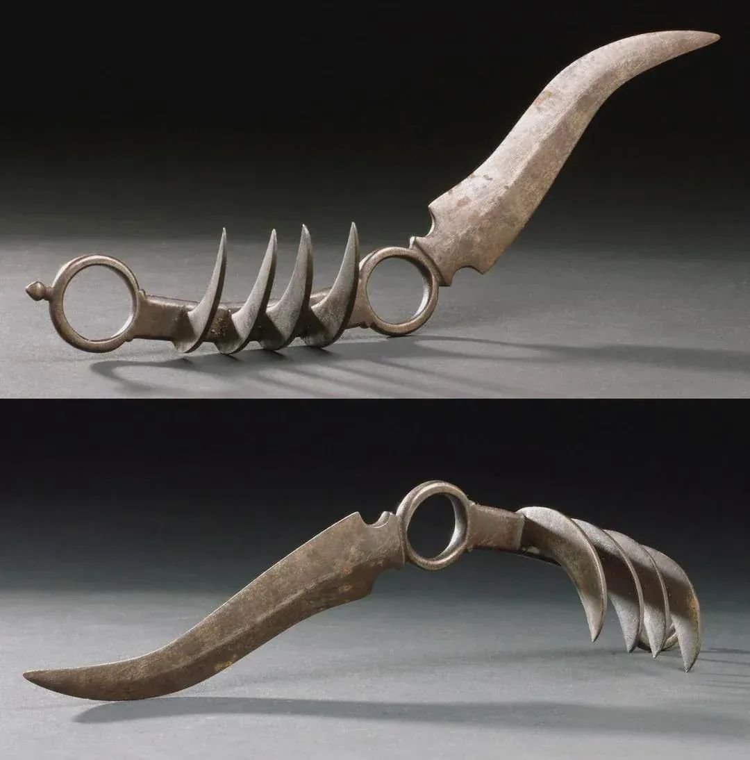 histories_arch's tweet photo. The Bagh Nakh, a historical Indian weapon based upon the claws of a tiger. It was used by soldiers, thieves, and there was also a poisoned variety for assassins. It can either be fitted over the knuckles or worn against the palm. There was even a form of "claw wrestling" which included the weapon.

The *bagh nakh* ("tiger claws" in Hindi and Marathi) is a concealed weapon believed to have originated in medieval India. Its curved claws allowed the wearer to slash at close range while keeping the weapon hidden in the palm. Because it was compact and easily concealed, it became associated with espionage, self-defense, and surprise attacks. Historical accounts also describe sporting contests in which participants sparred using blunted or modified claw weapons, though these were distinct from combat.

The weapon is most famously linked to the 1659 encounter between the Maratha leader Shivaji and the Bijapur general Afzal Khan. According to Maratha chronicles, Shivaji wore concealed armor and used a *bagh nakh* after Khan allegedly attempted to assassinate him during what was meant to be a diplomatic meeting. The incident became a defining moment in Maratha history.

A *bagh nakh* traditionally associated with Shivaji is preserved at the Victoria and Albert Museum in London, although historians continue to debate whether it is the actual weapon used in the encounter.

#archaeohistories